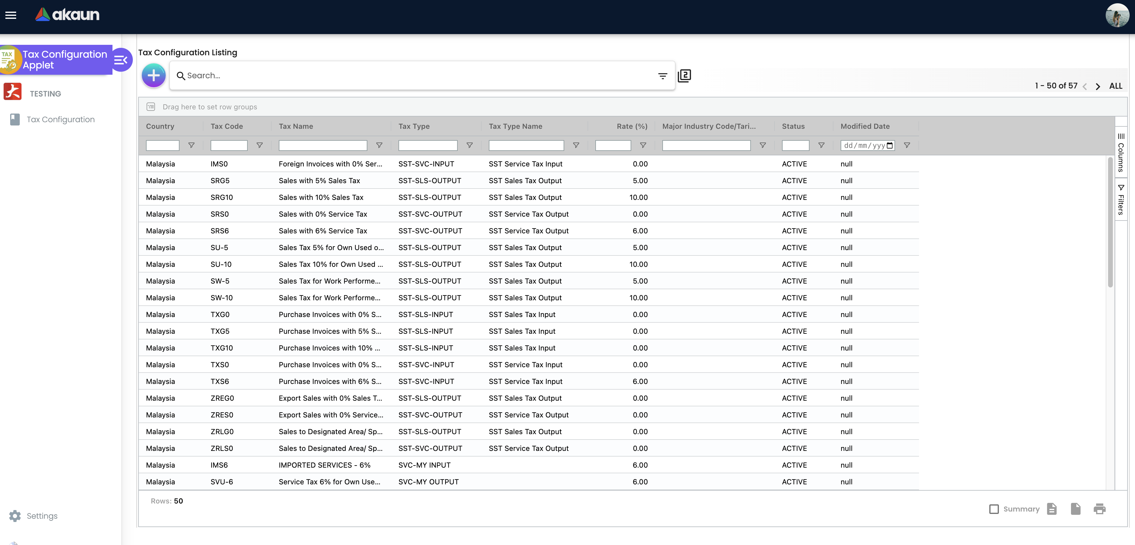 Tax Configuration Listing Screen