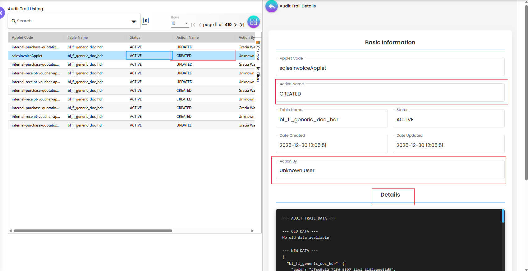 An audit record opened beside the listing