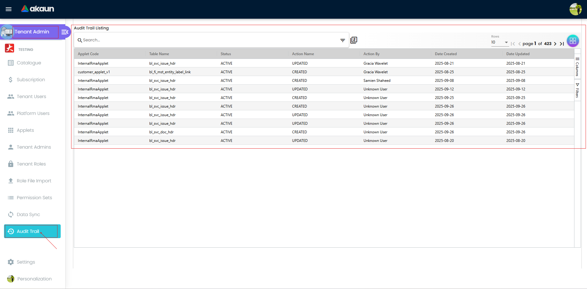 The Audit Trail listing