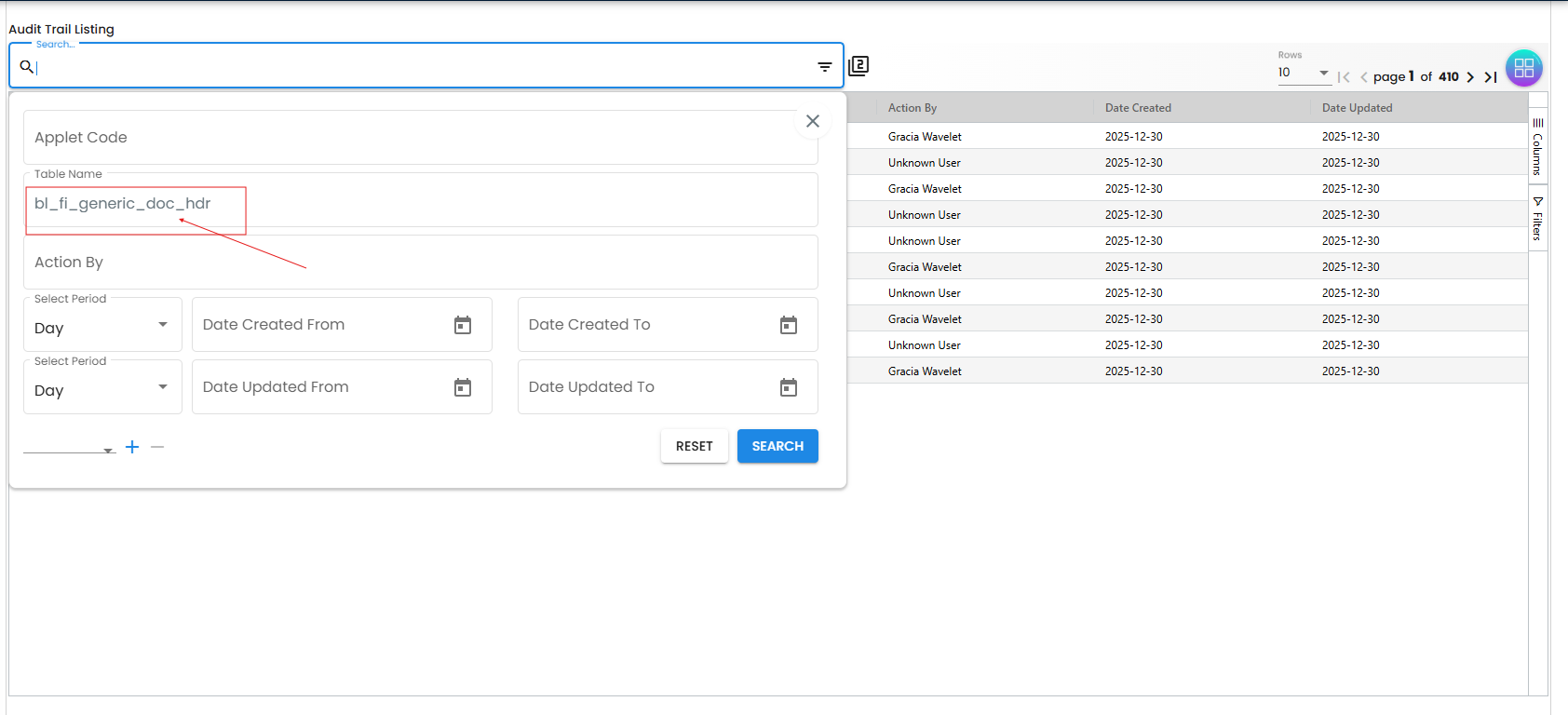 The advanced search panel