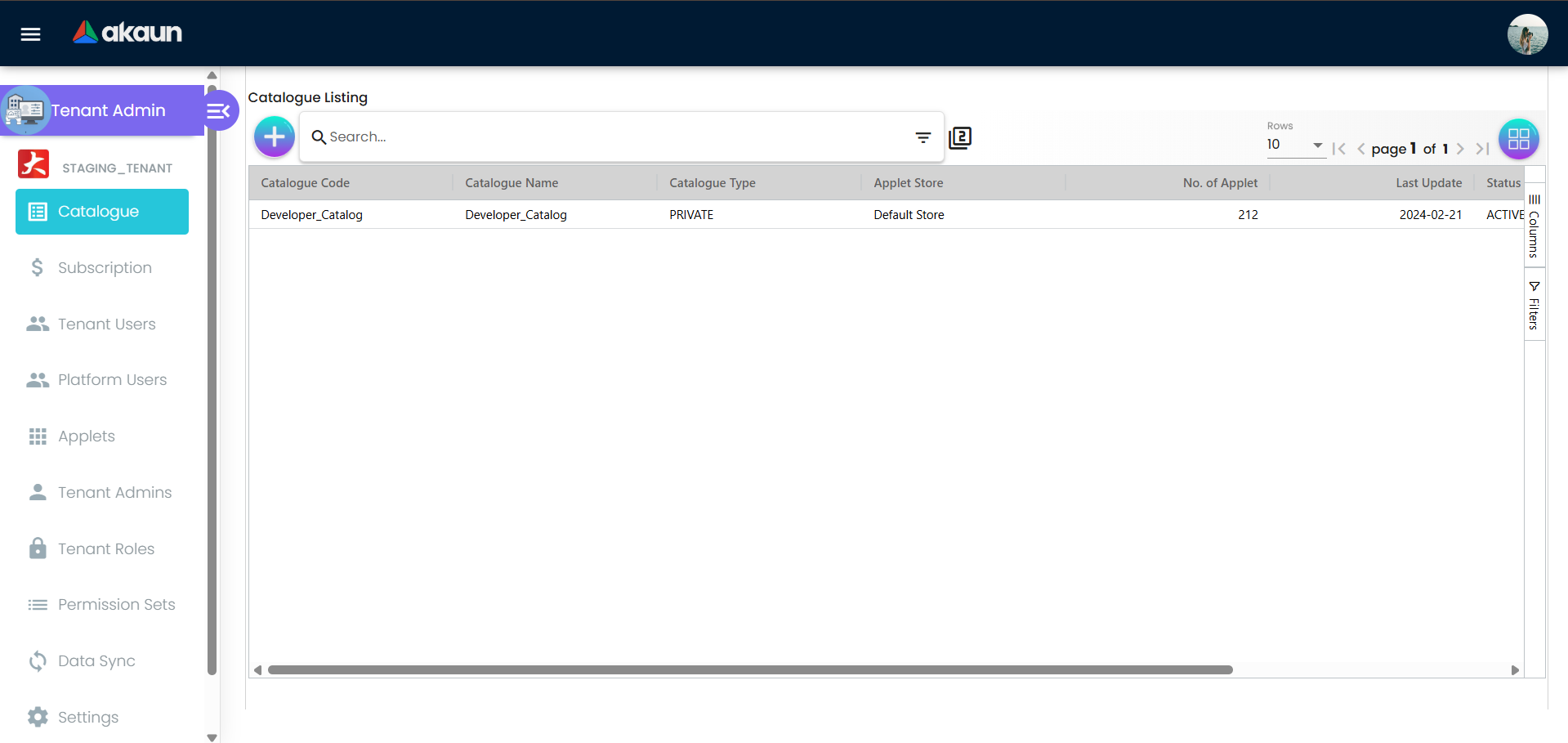 Tenant Admin main listing page