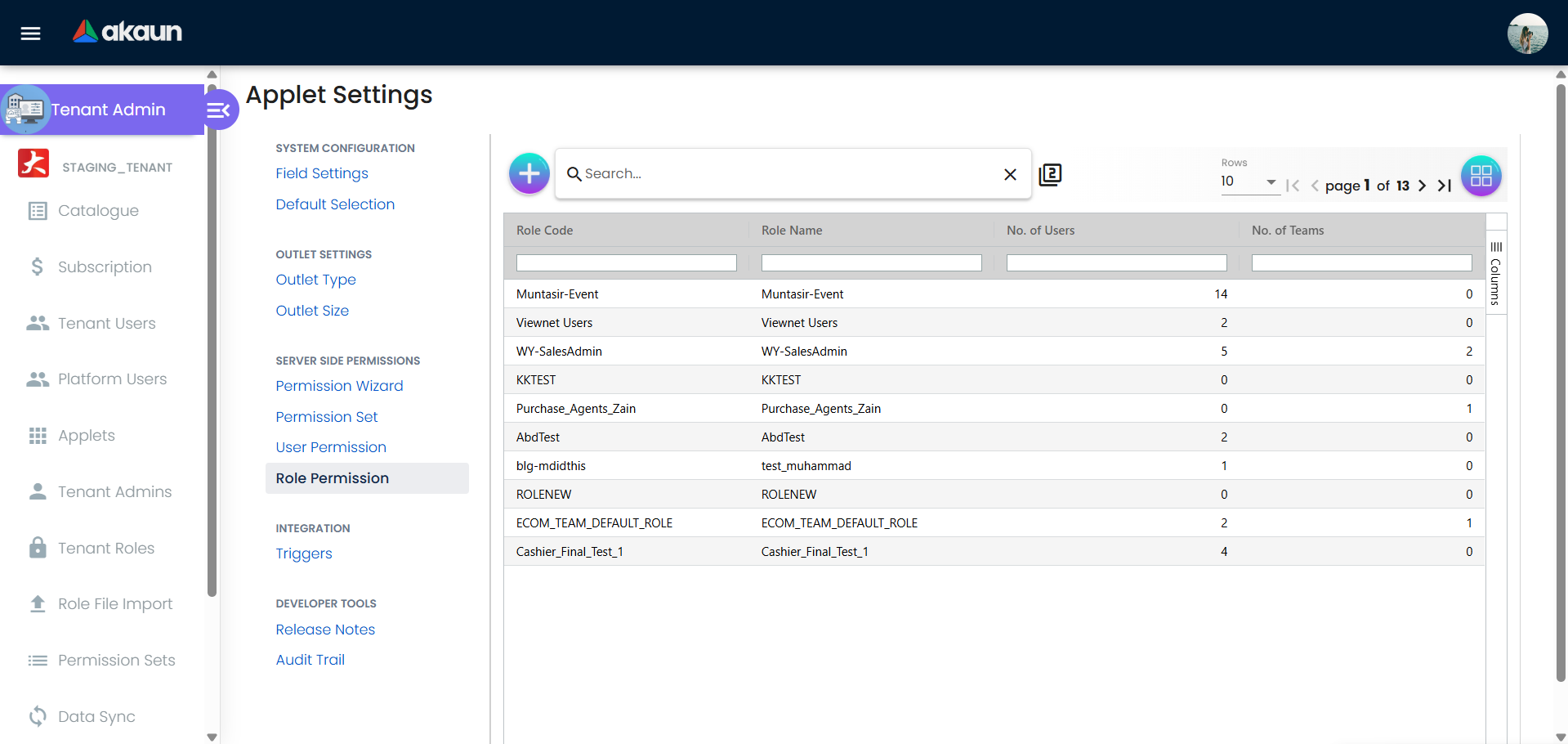 Role permission mapping screen