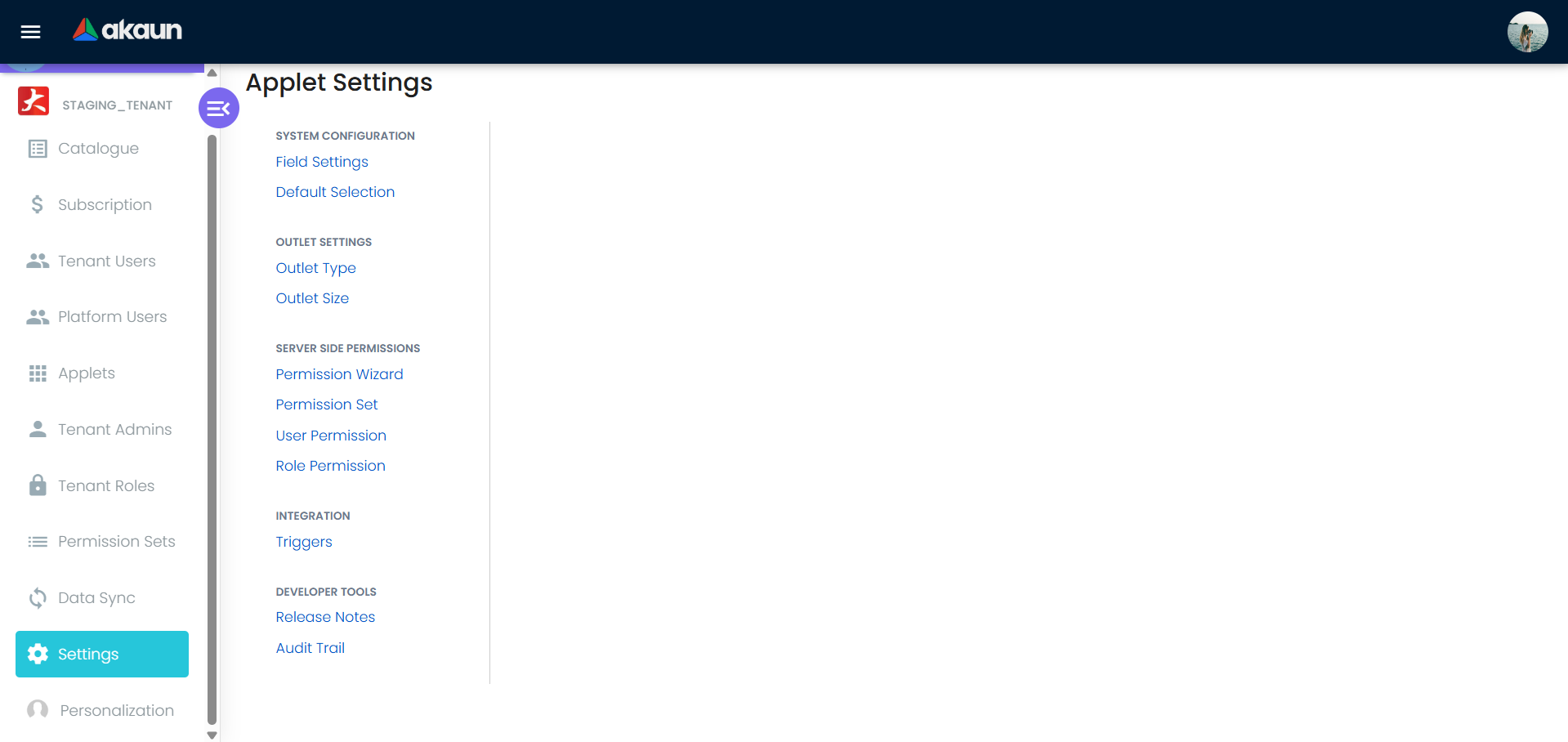 Applet Settings menu