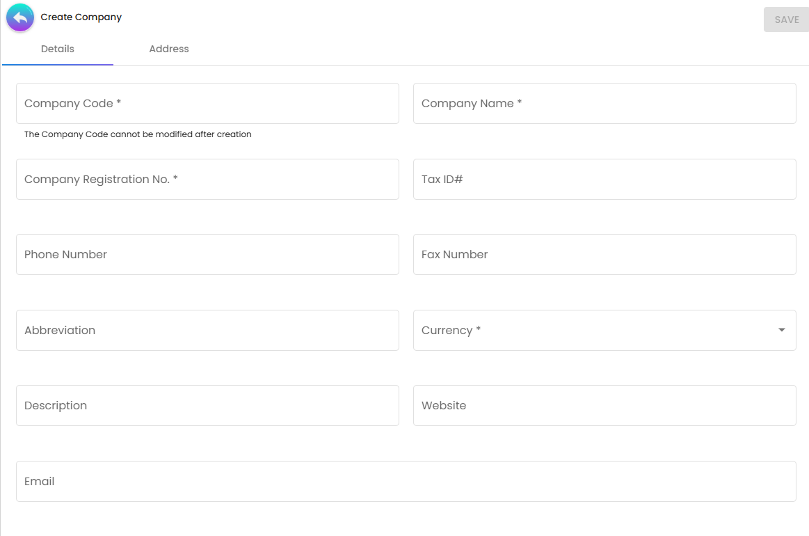 Company Details Tab - mandatory registration and currency settings