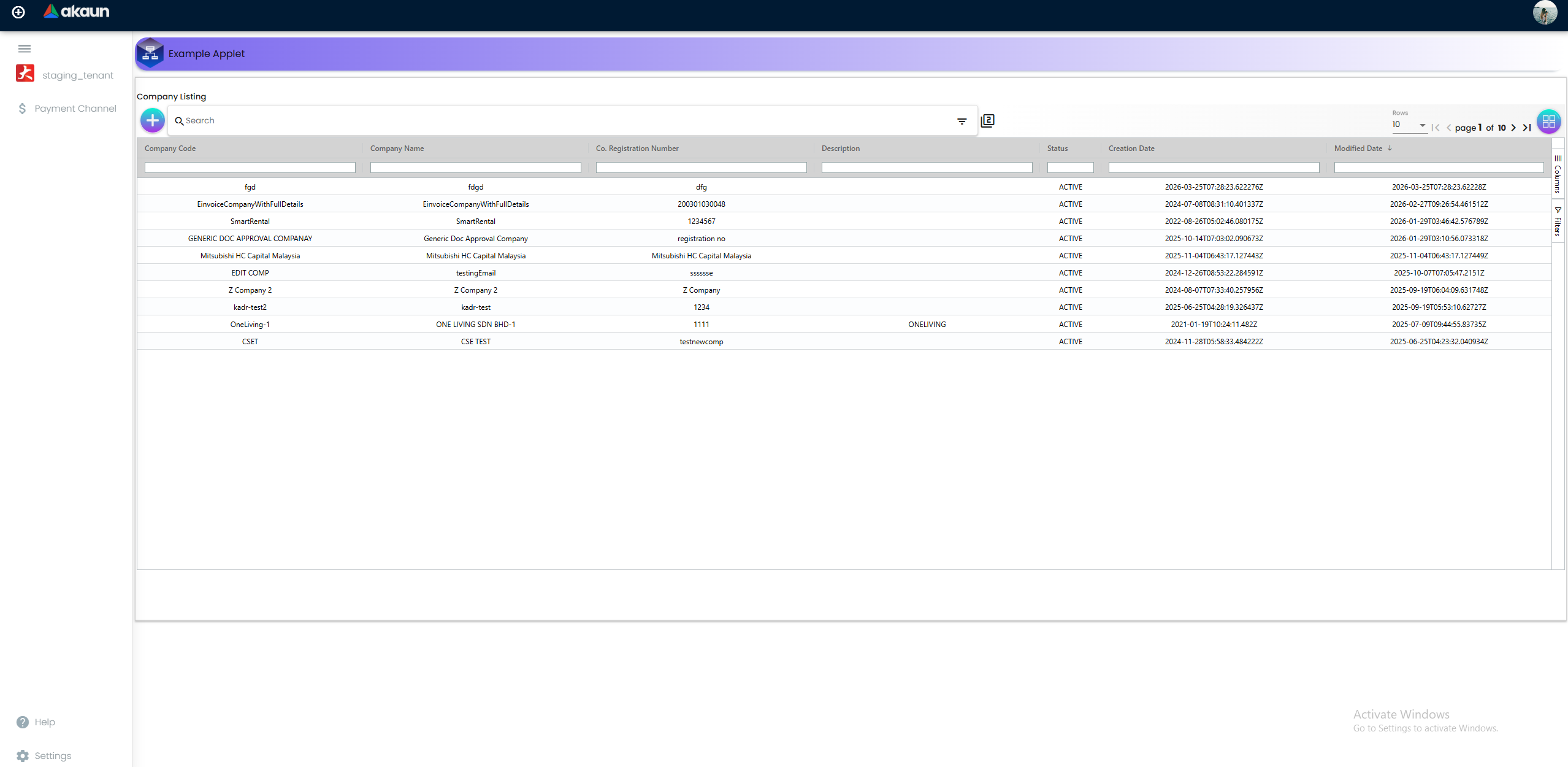 Company Listing - directory of configured legal entities