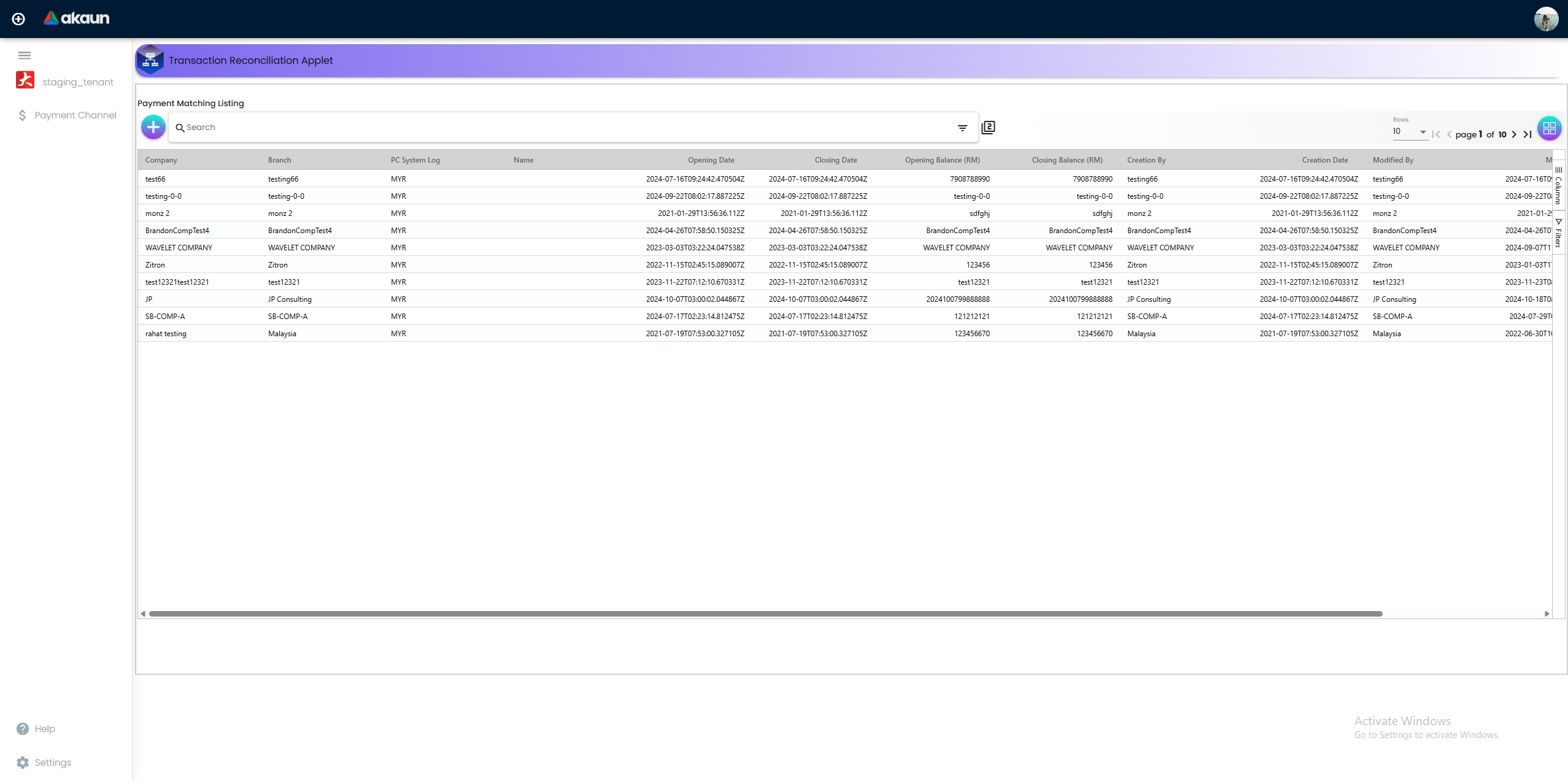 Payment Channel Listing - unified view of all reconciliation statements