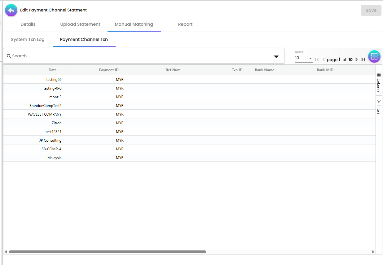 Payment Channel Txn Log - external gateway records waiting to be reconciled
