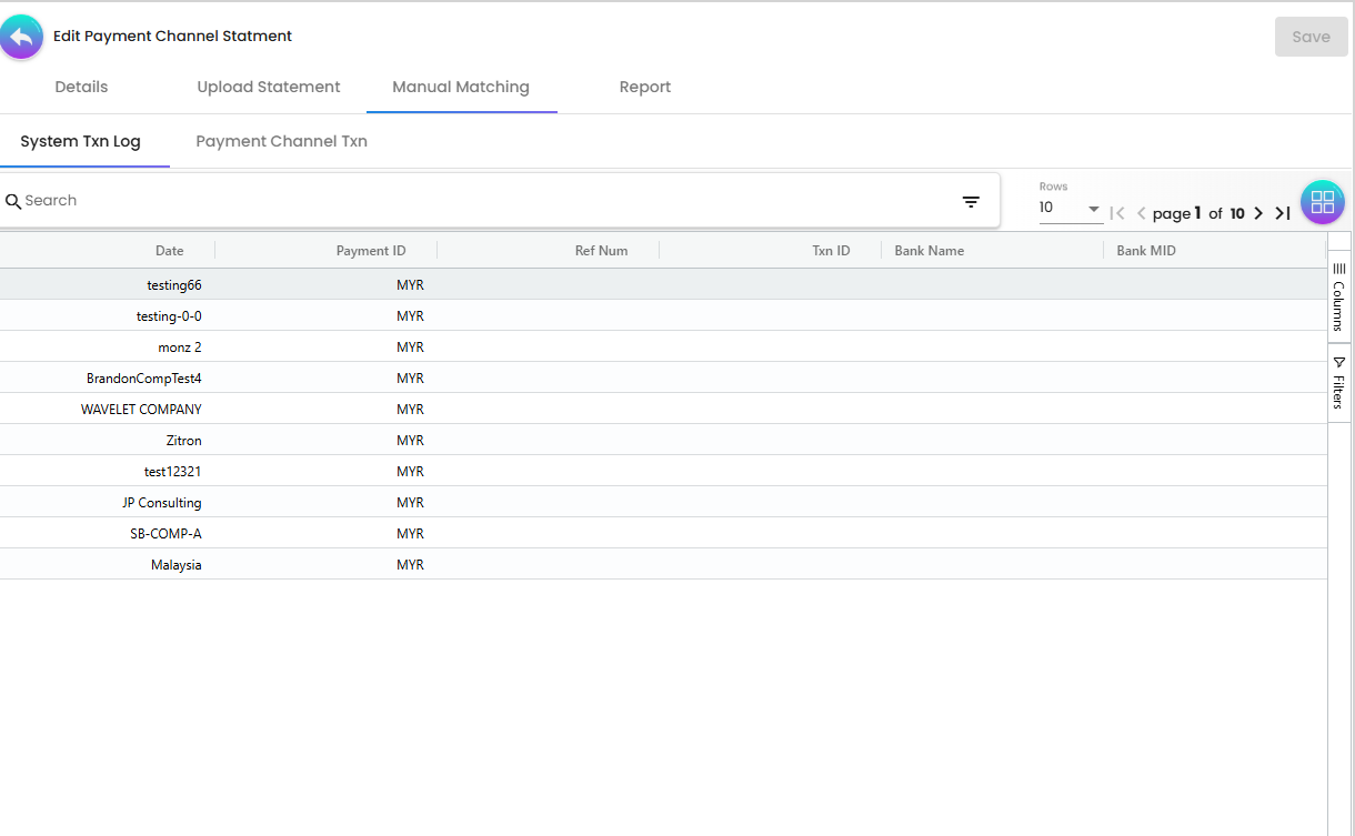 System Txn Log - internal sales records waiting to be reconciled
