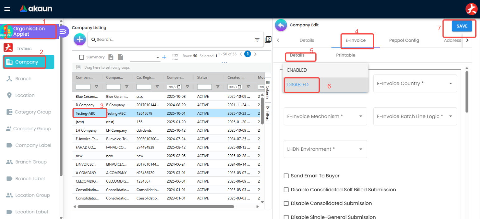 Disable e-invoice Screenshot