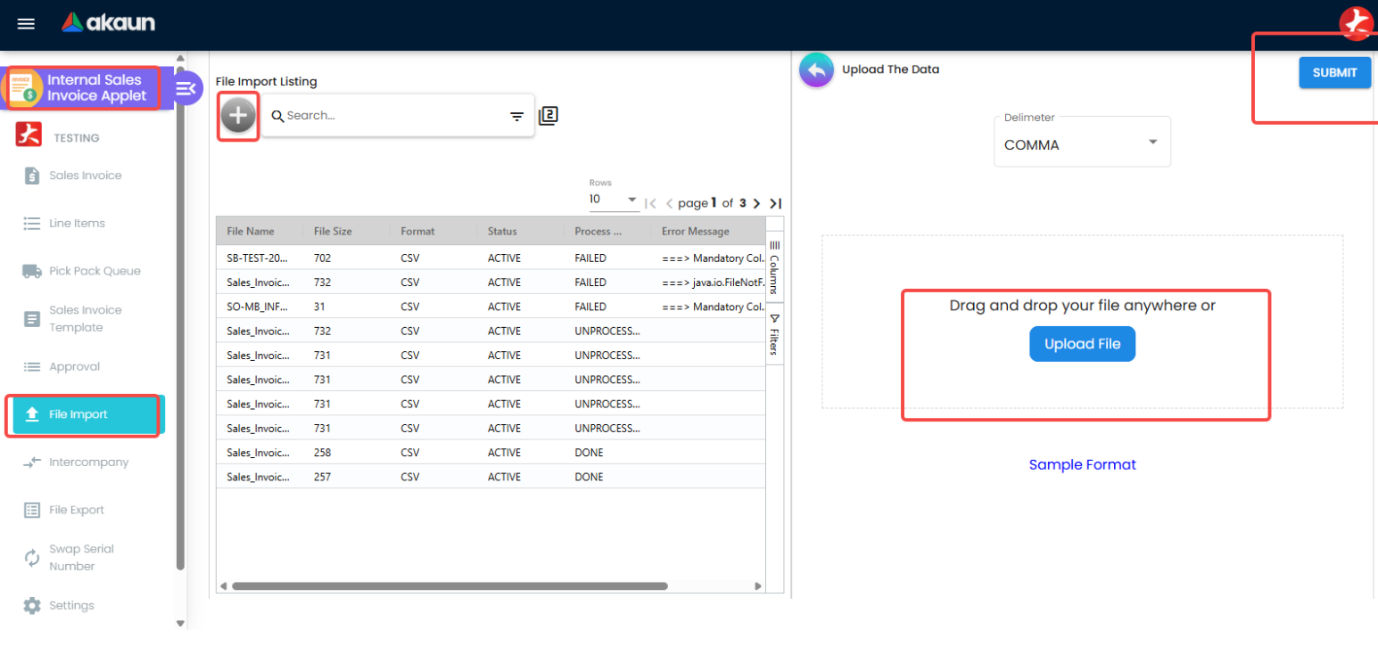 Internal Sales Invoice Applet File import