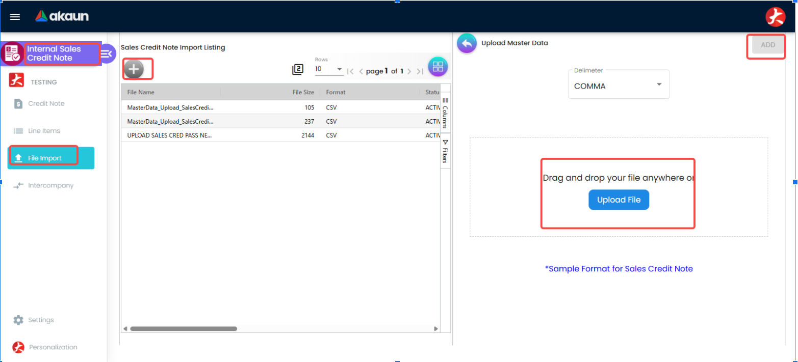 Internal Sales Credit Note Applet File import