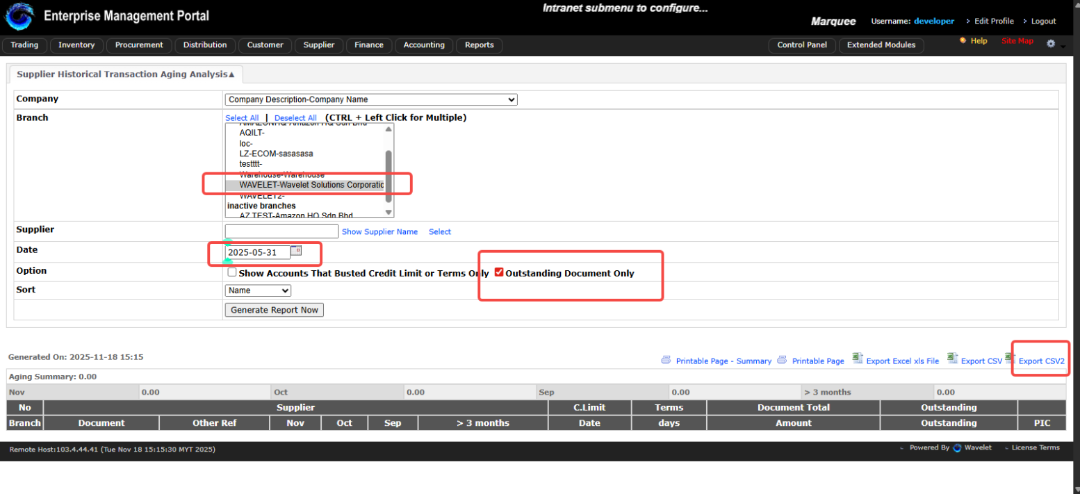 Export Supplier outstanding Screenshot 2