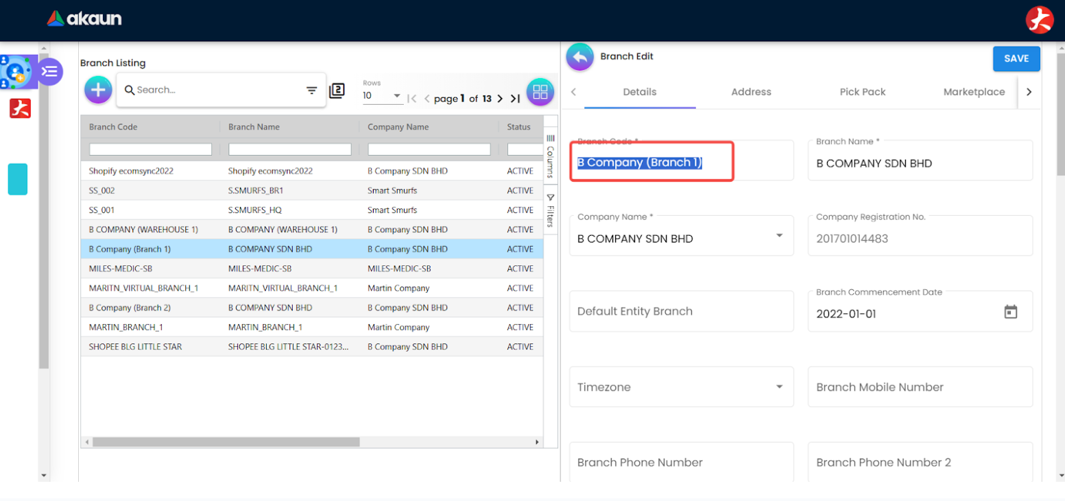 Branch Listing Screenshot