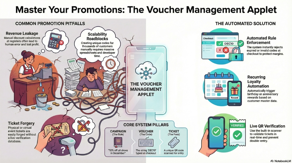 Master Your Promotions: The Voucher Management Applet - contrasting common promotion pitfalls (revenue leakage, ticket forgery) against the automated solution (rule enforcement, recurring loyalty, live QR verification)