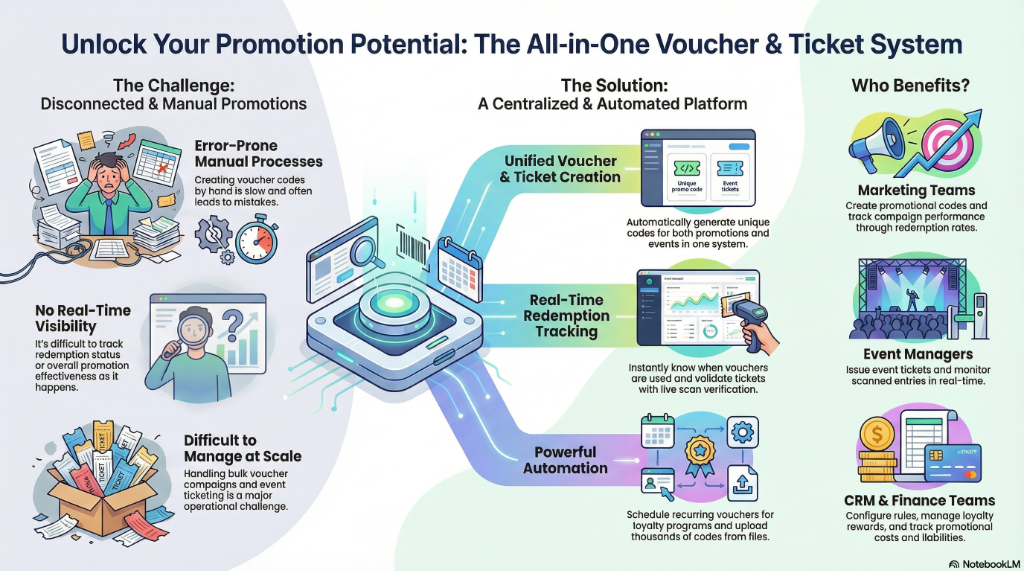 Unlock Your Promotion Potential: The All-in-One Voucher & Ticket System - showing the challenges of manual promotions vs the centralized automated solution