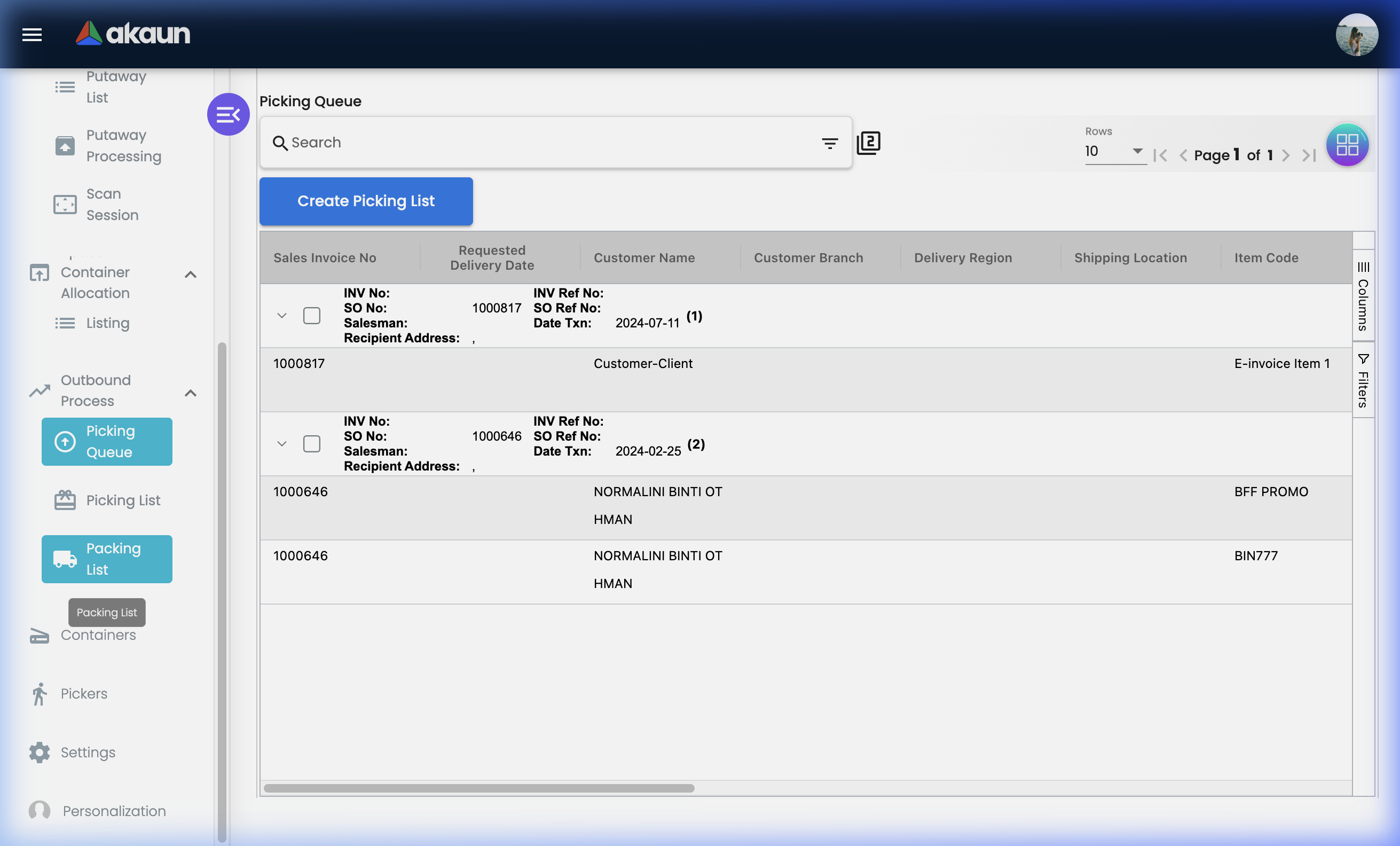 Packing List Listing