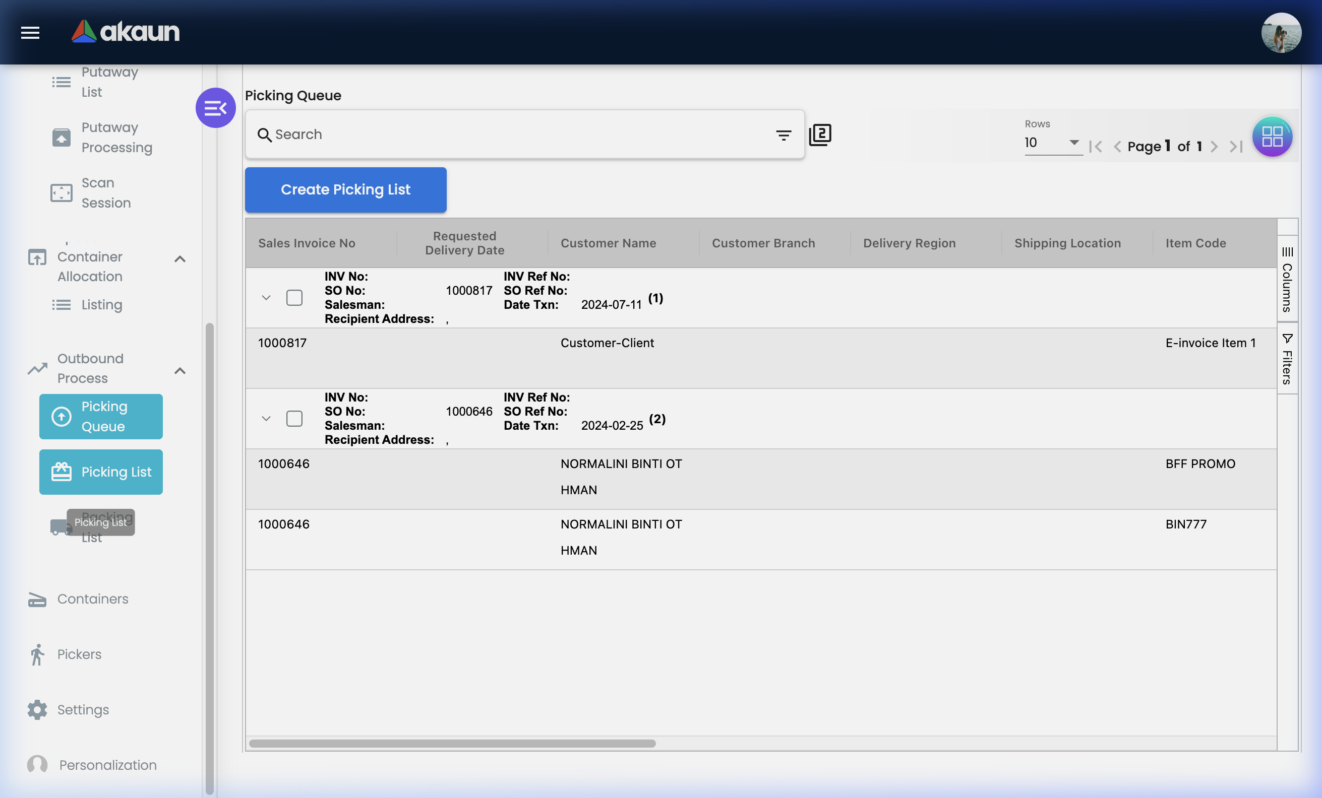 Picking List Listing