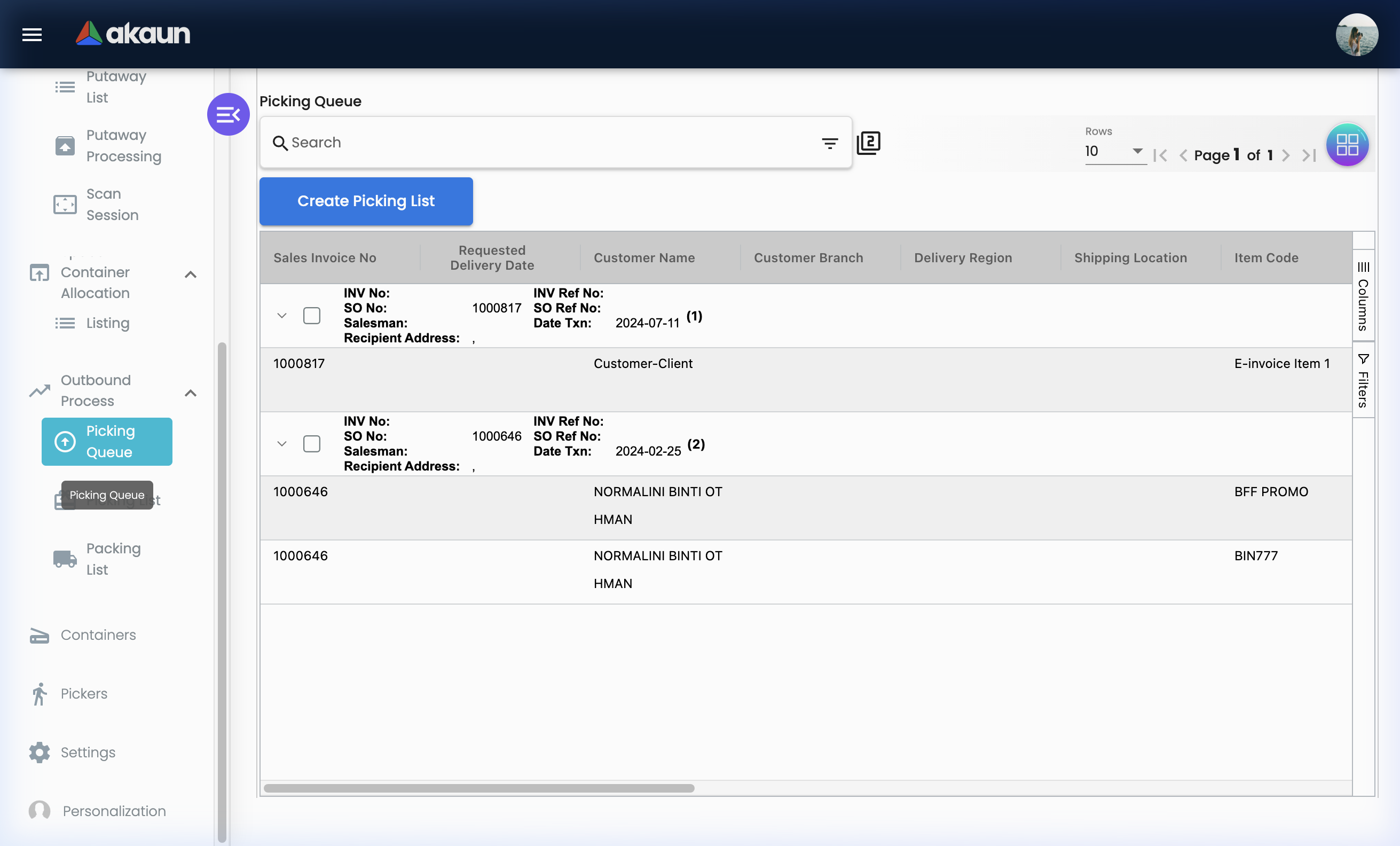 Picking Queue Listing