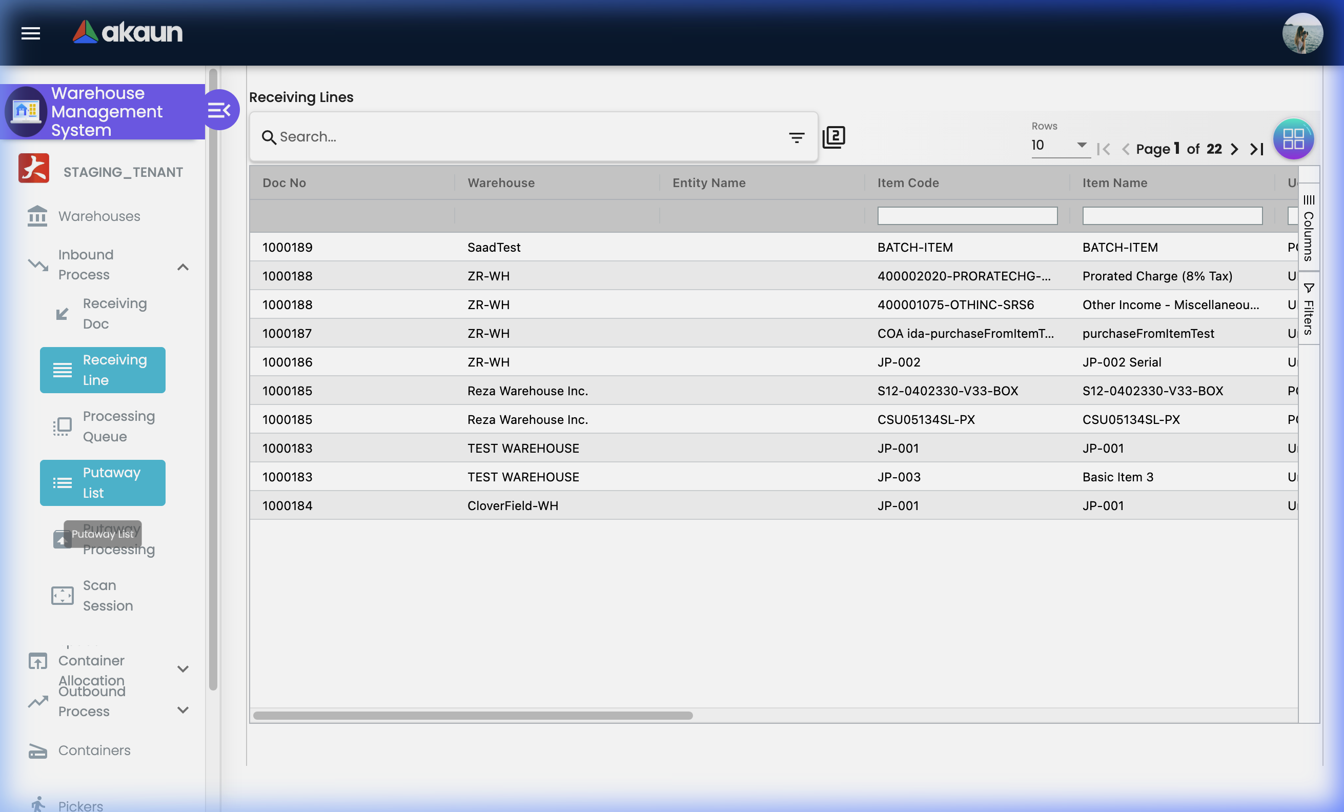 Putaway List Listing