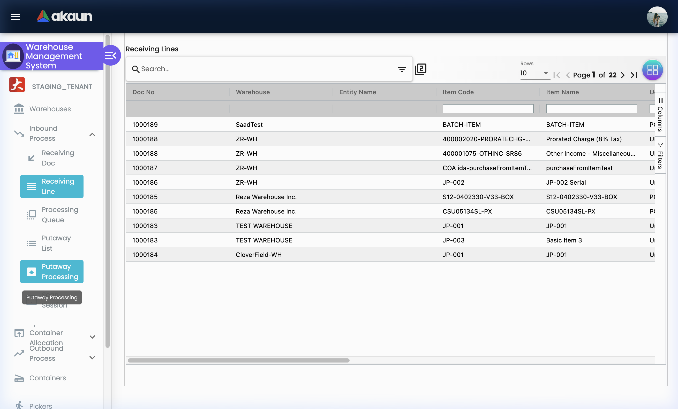 Putaway Processing Listing
