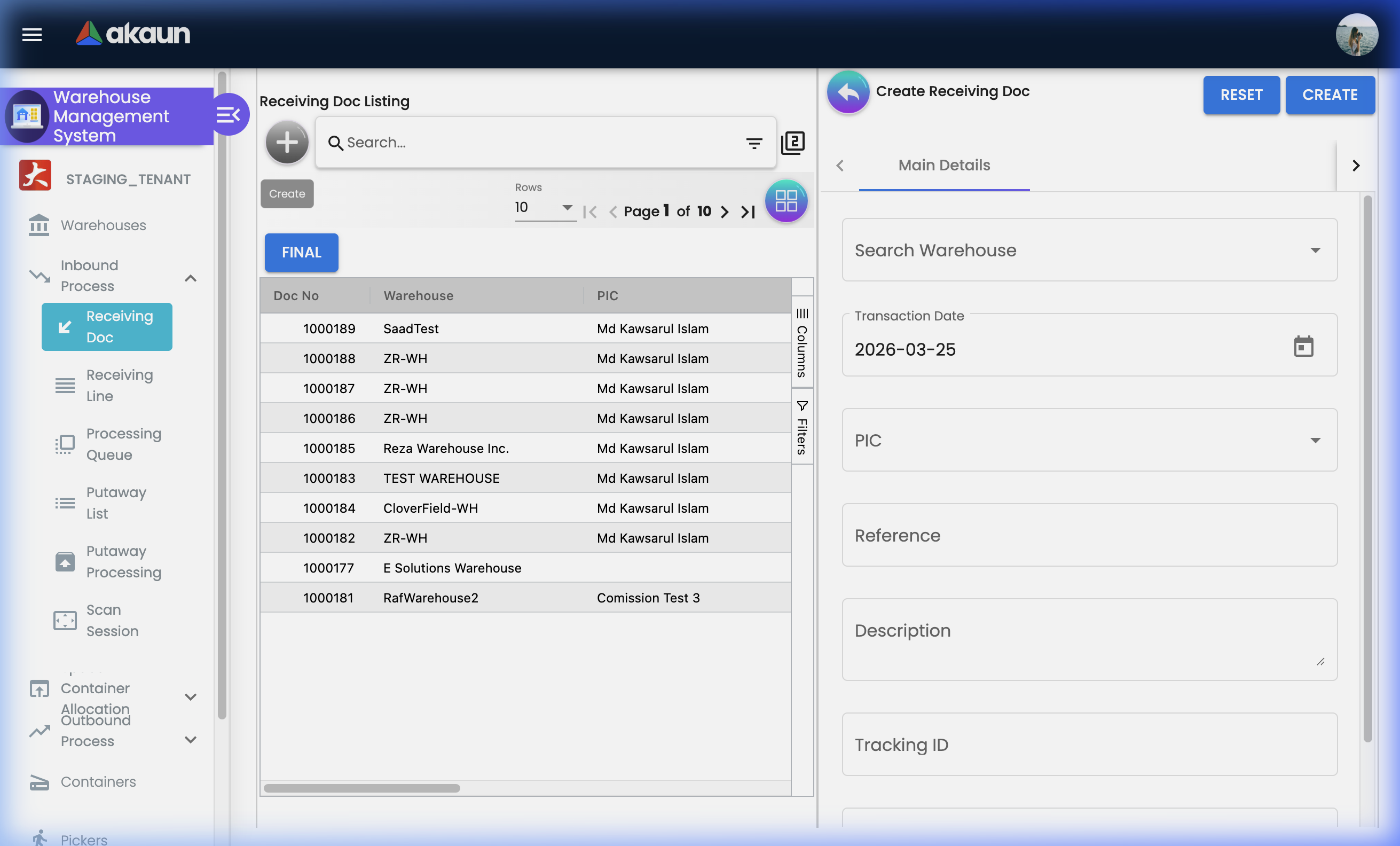 Receiving Doc Creation