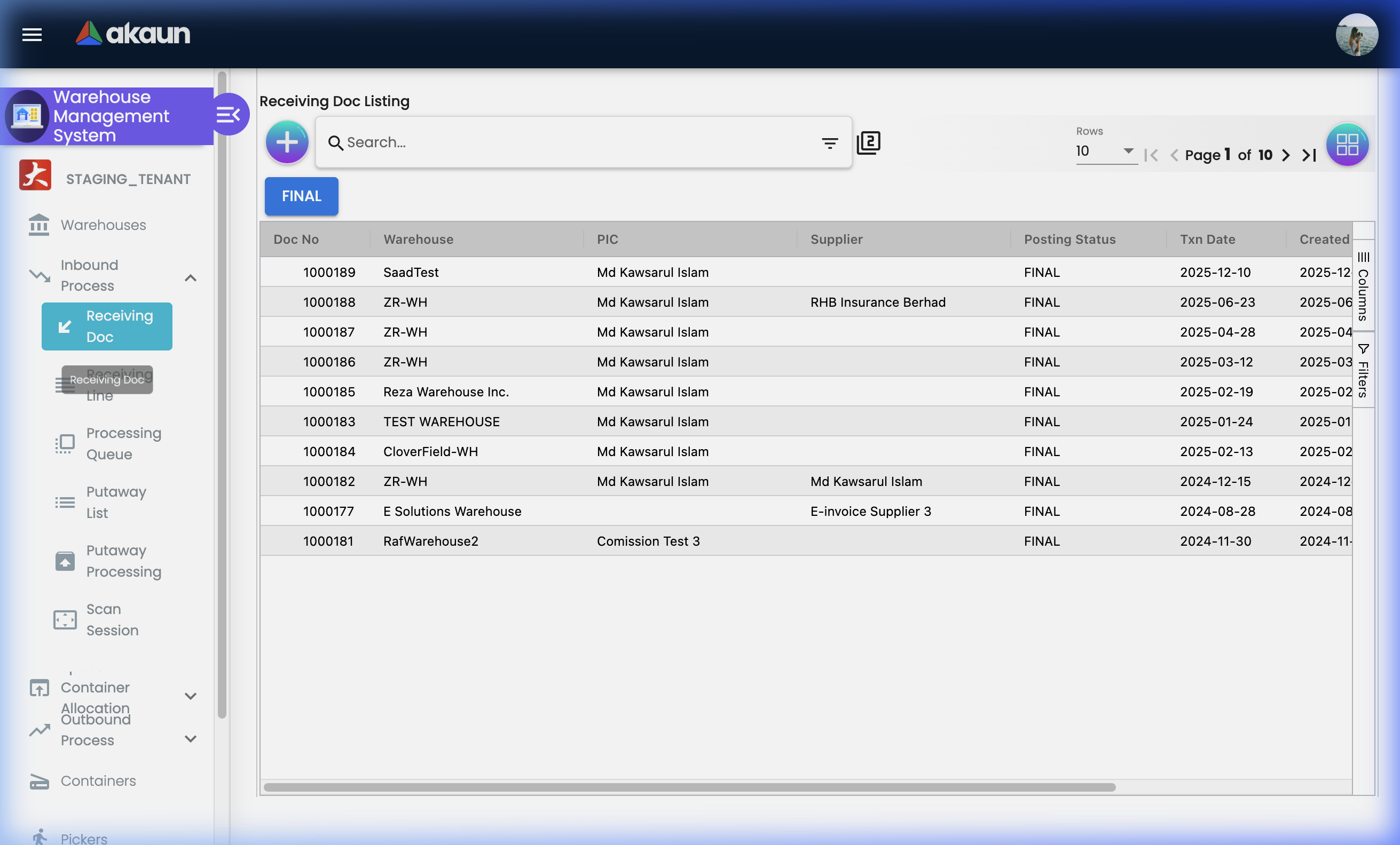 Receiving Doc Listing