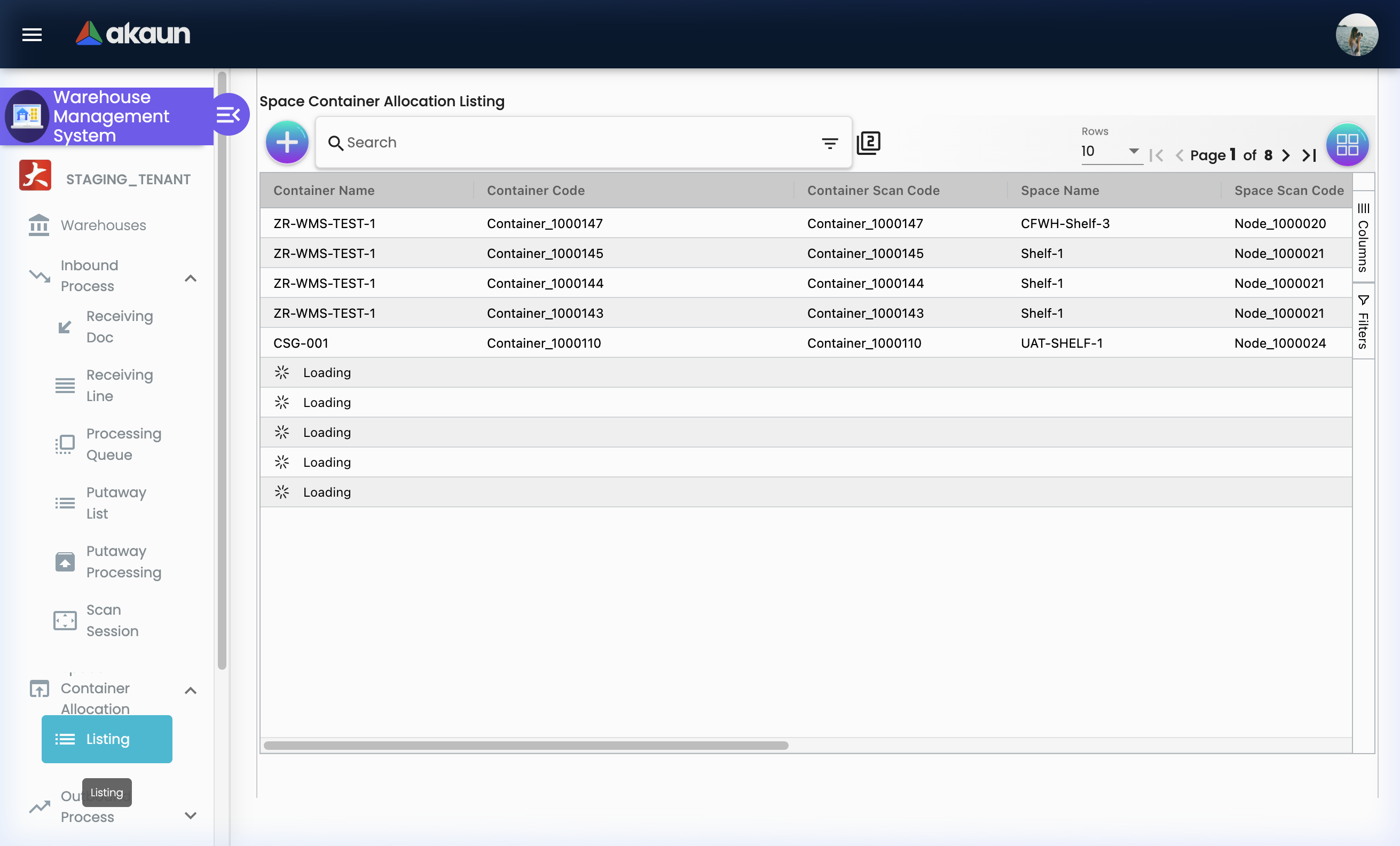 Space Container Allocation Listing