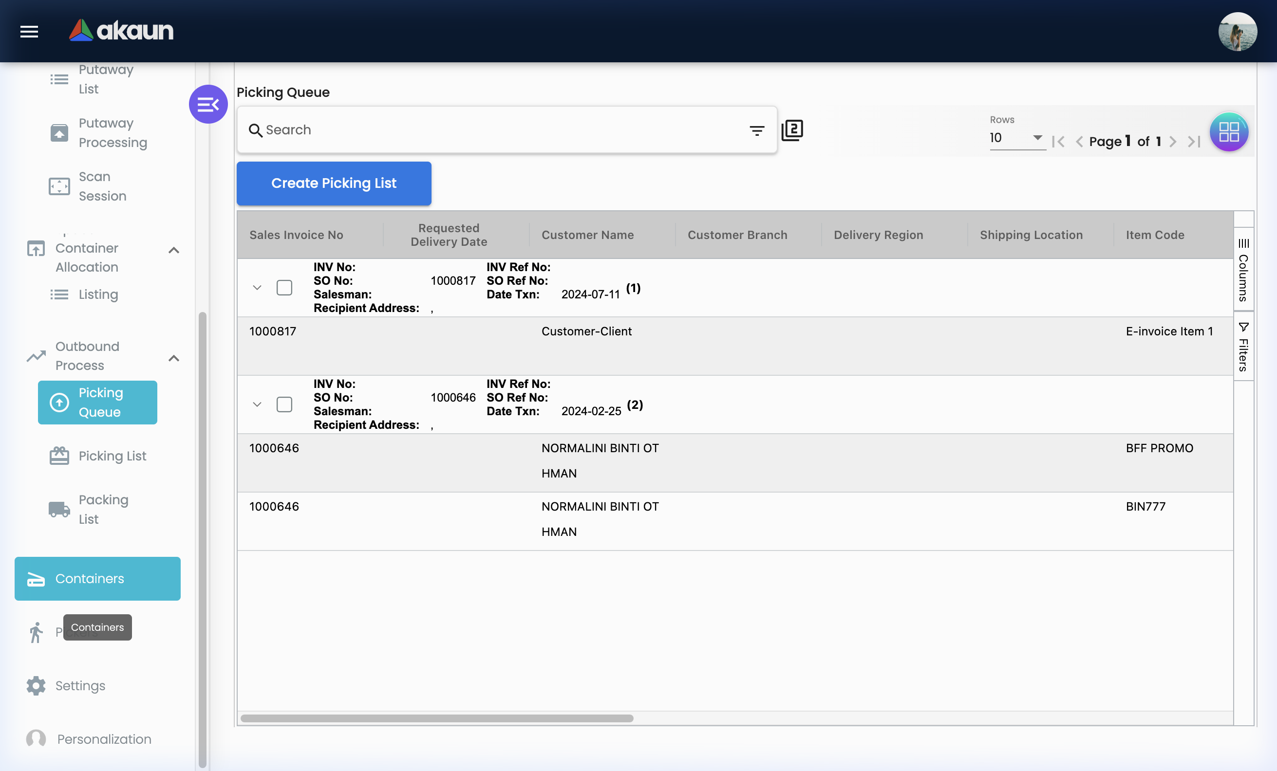 Warehouse Container Listing