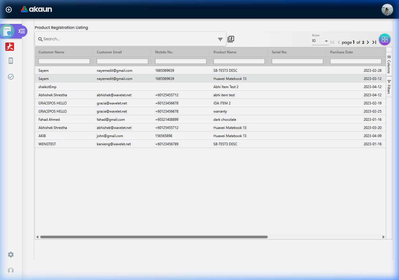 Product Registration Listing Page