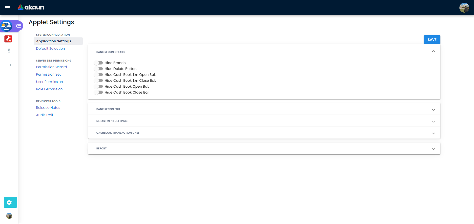 Bank Reconciliation Applet Application Settings screen