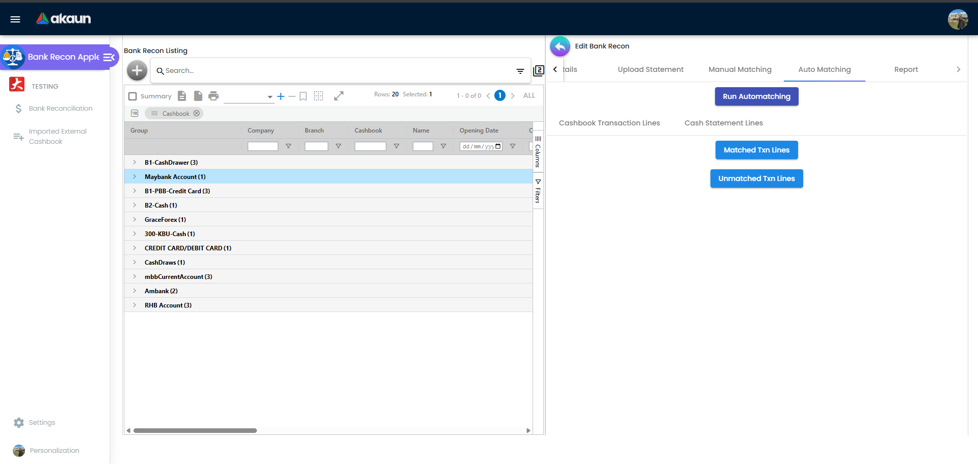 Auto matching processor page with run action and processing status