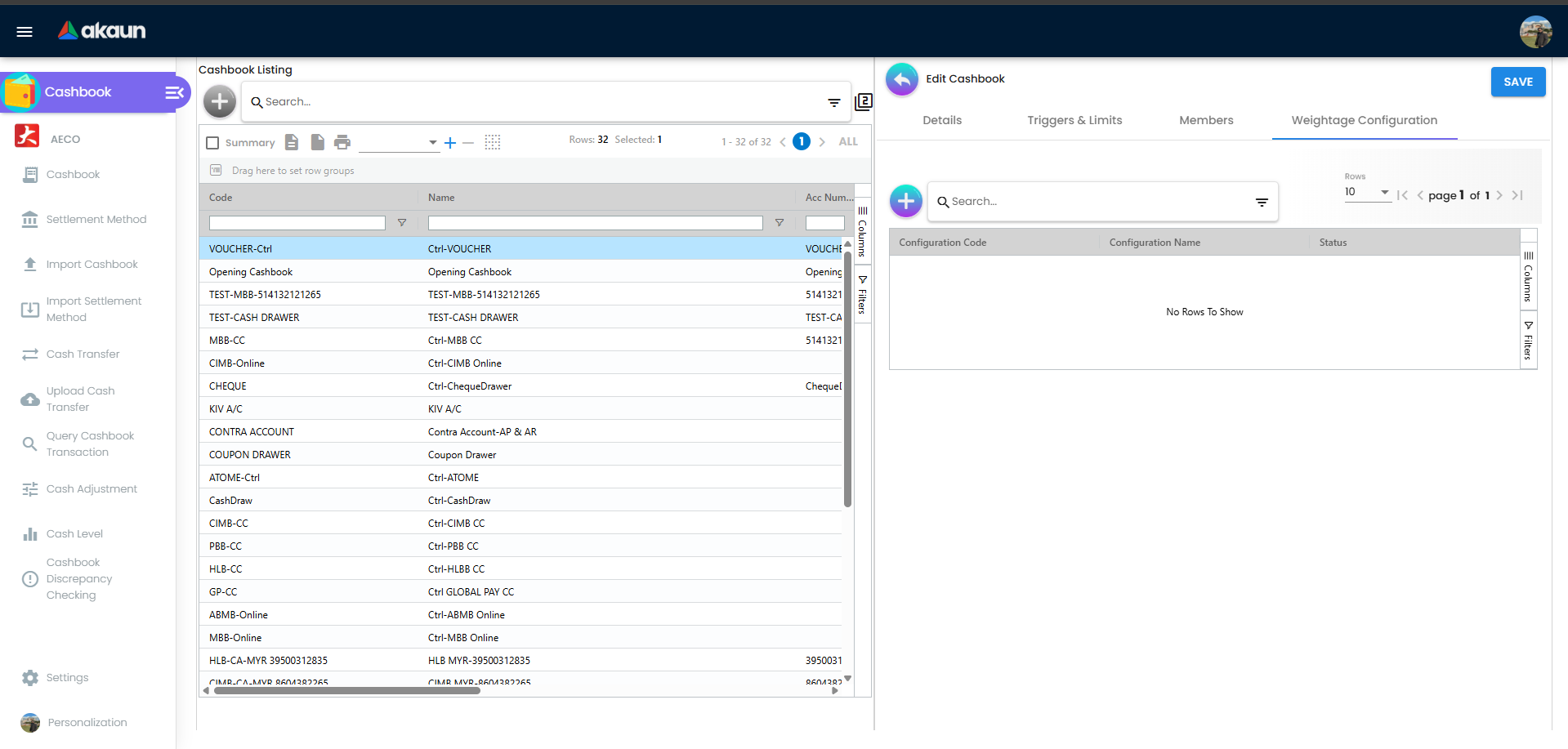 Cashbook applet automatching weightage configuration screen