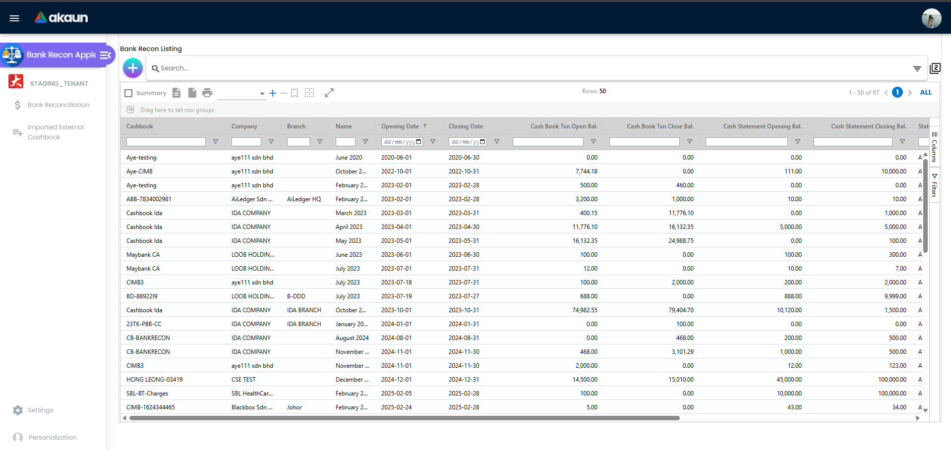 Bank Reconciliation listing screen showing reconciliation sessions and status summary