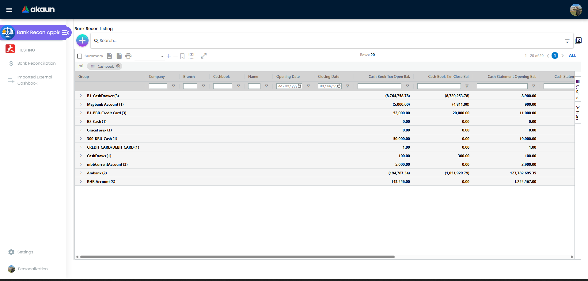 Bank reconciliation listing grouped by cashbook for easier period review