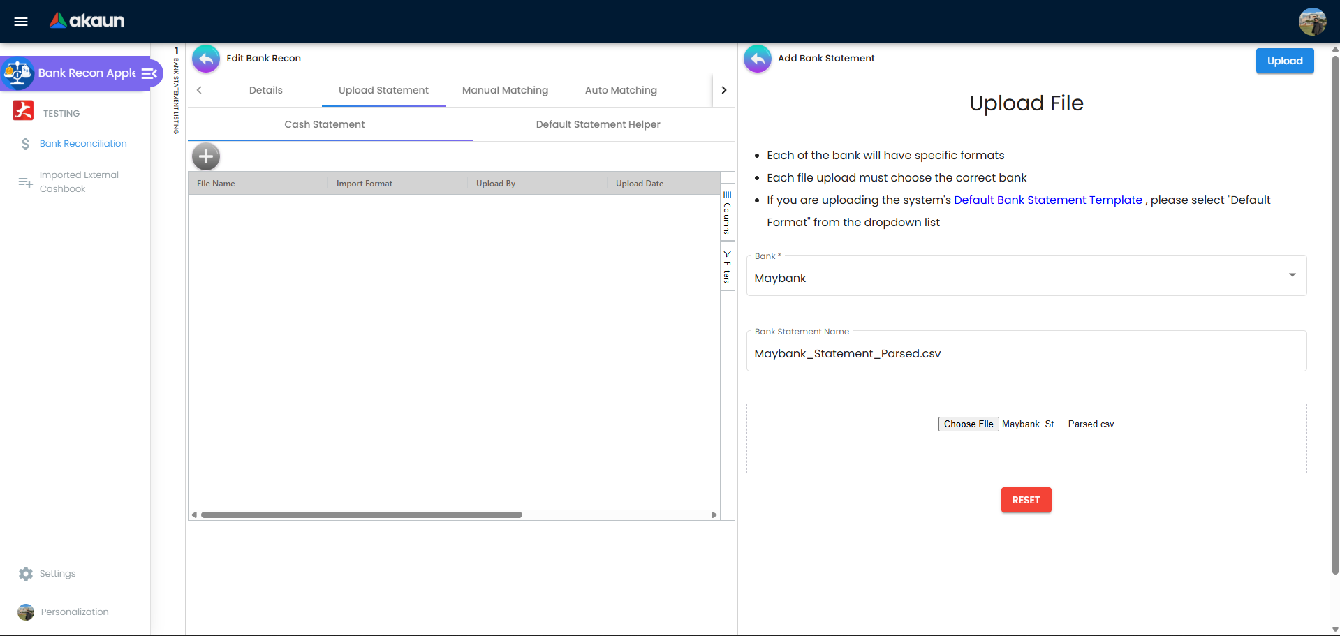 Upload statement screen in bank reconciliation applet