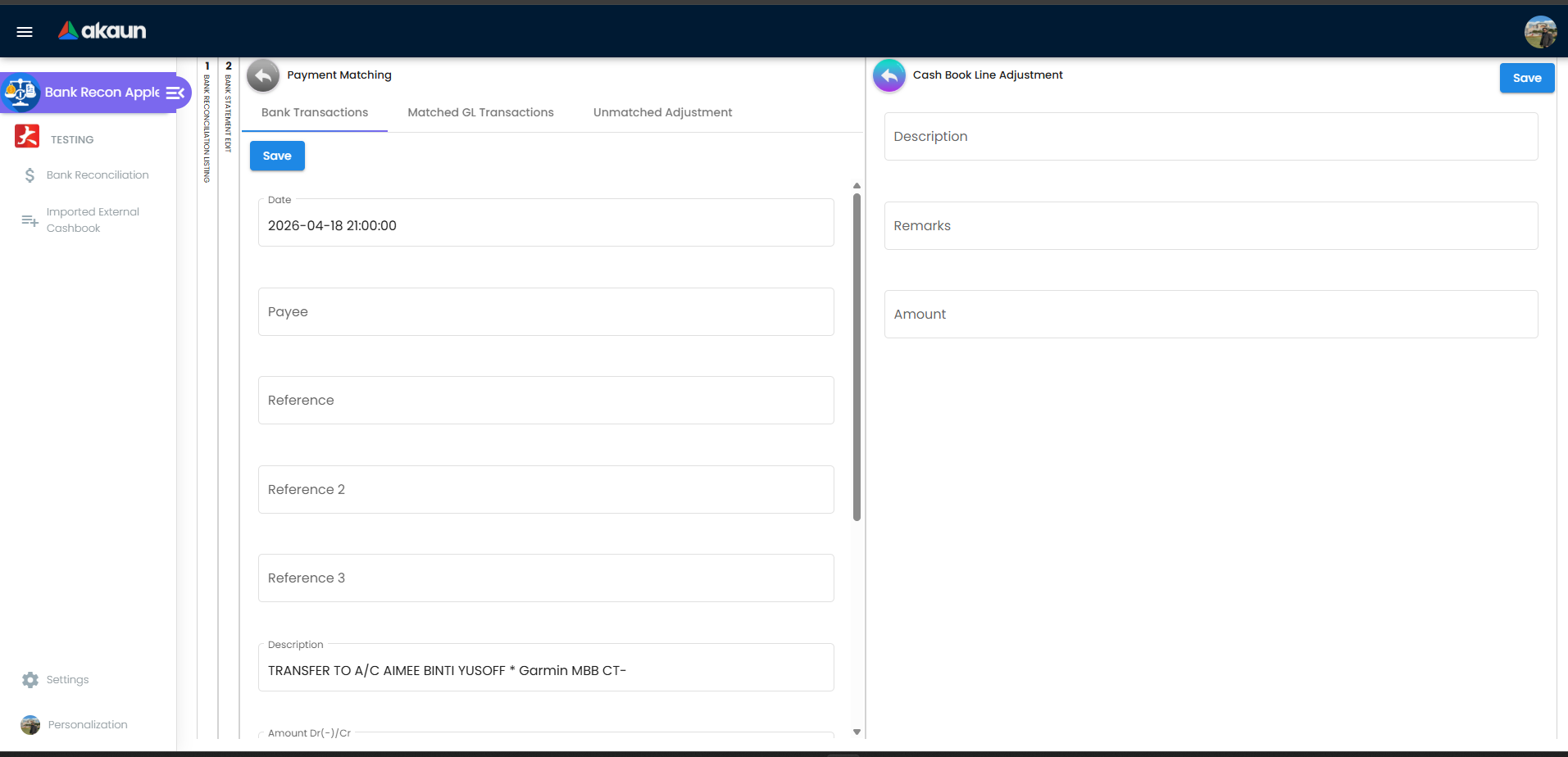 Bank statement line with adjustment applied in matching workflow