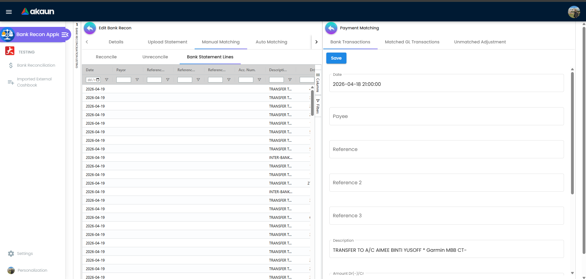 Detailed statement line view opened from bank statement lines listing