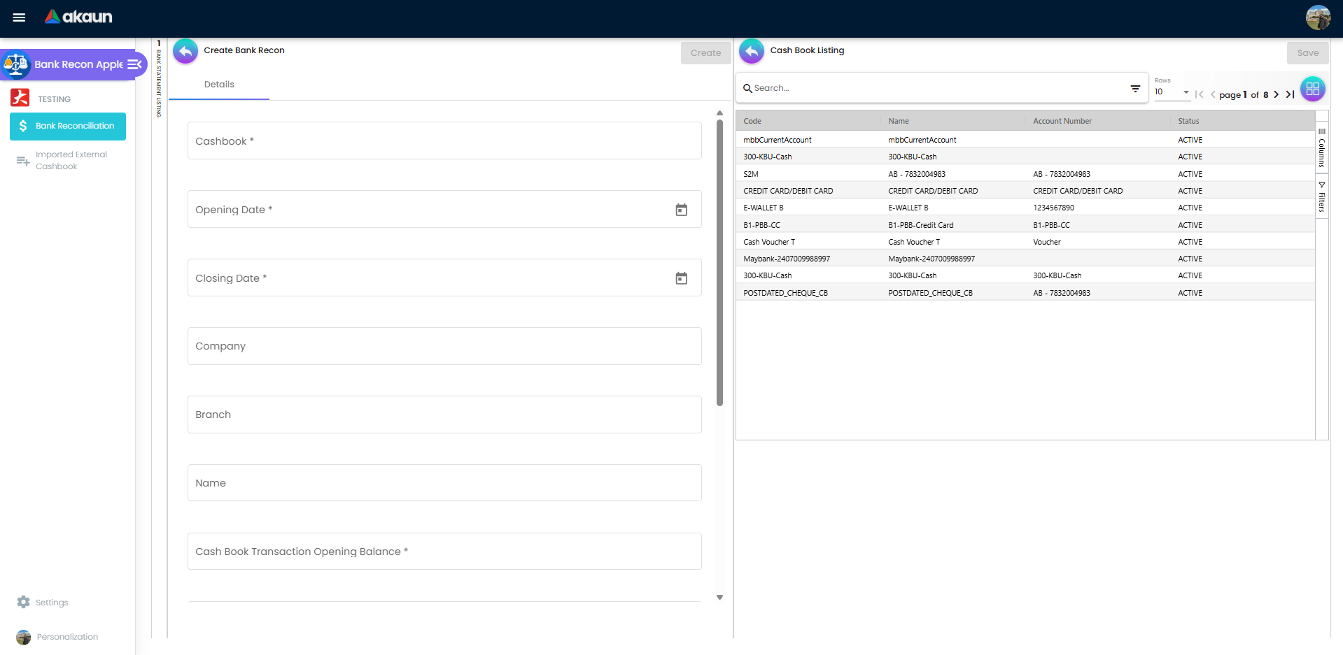 Blank Create Bank Recon form with required fields