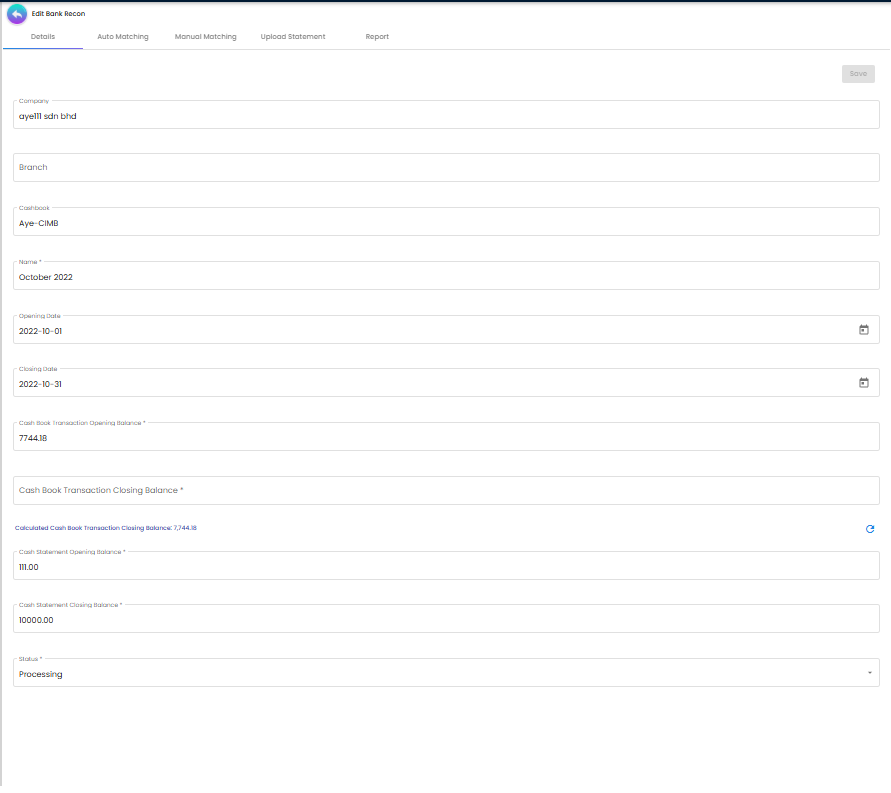 Bank reconciliation details tab with required fields and balances
