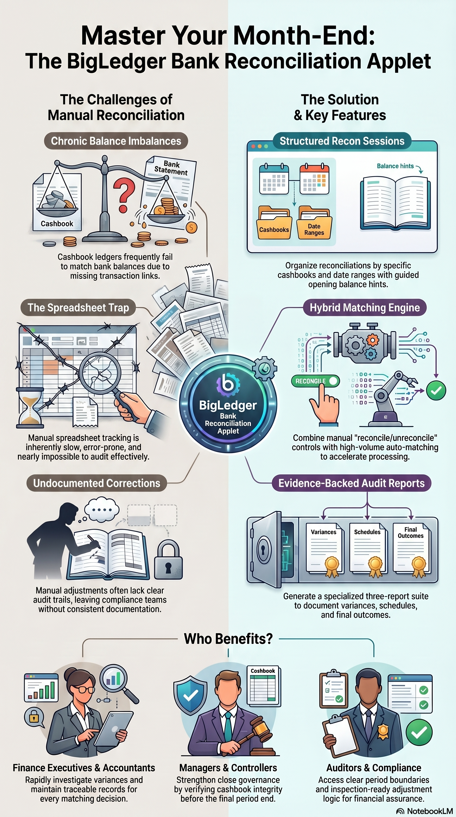 Master Your Month-End: The BigLedger Bank Reconciliation Applet - infographic showing challenges of manual reconciliation, key features, and who benefits