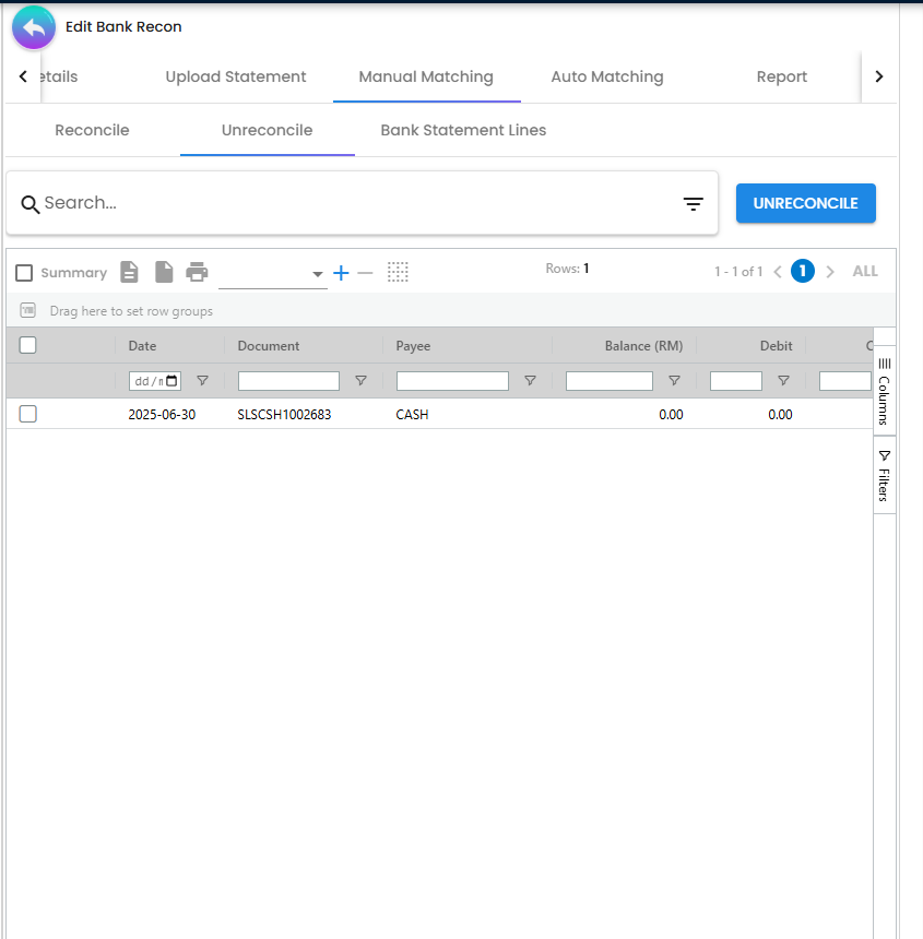 Unreconcile tab example with a single matched line