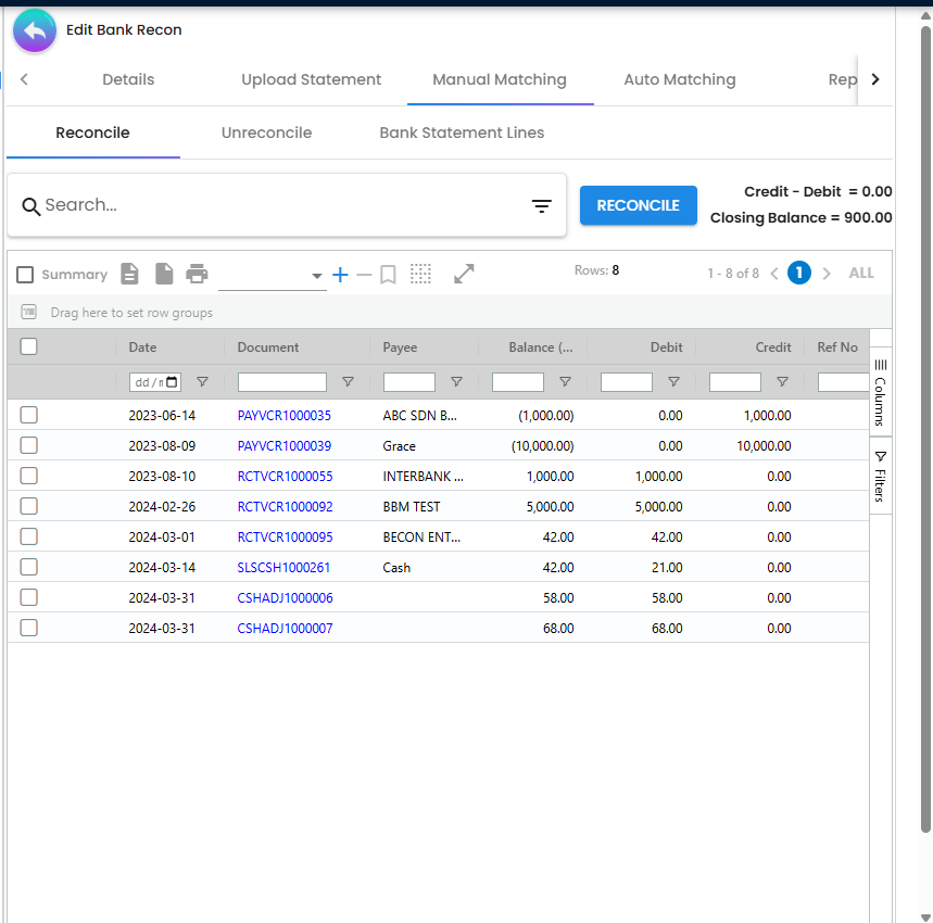 Manual matching reconcile tab with transaction matching options