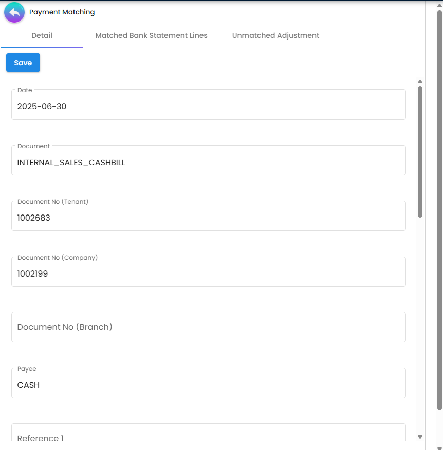 Payment Matching detail view