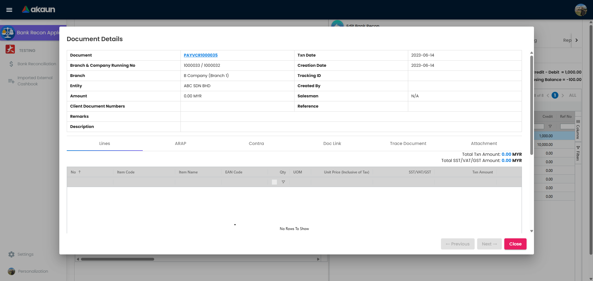 Document pop-up page showing linked transaction context