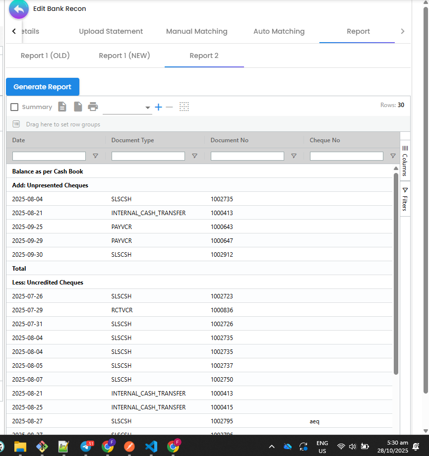 Report 2 printable schedule of unpresented/uncredited cheques