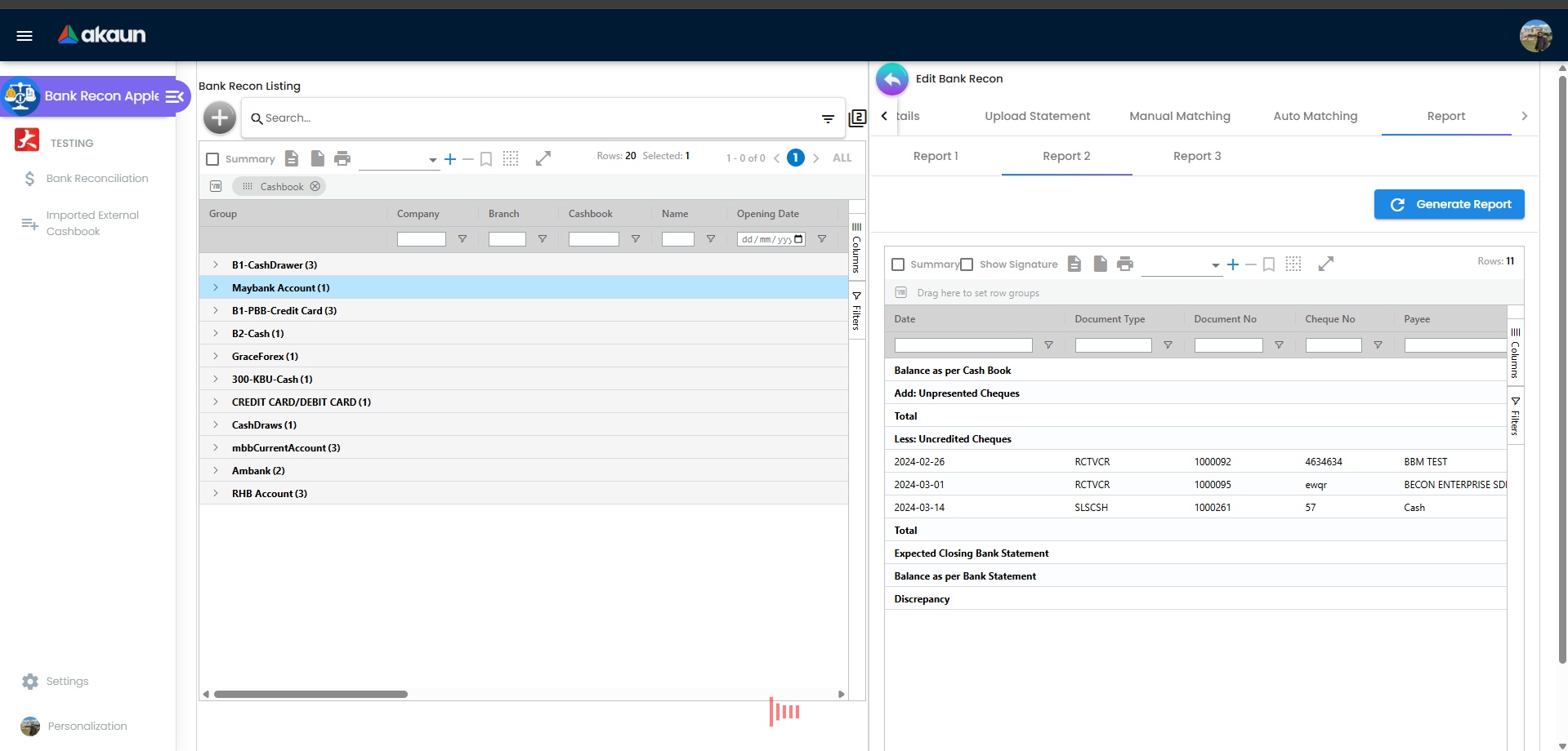 Report 2 output with statement lines and journal mapping details