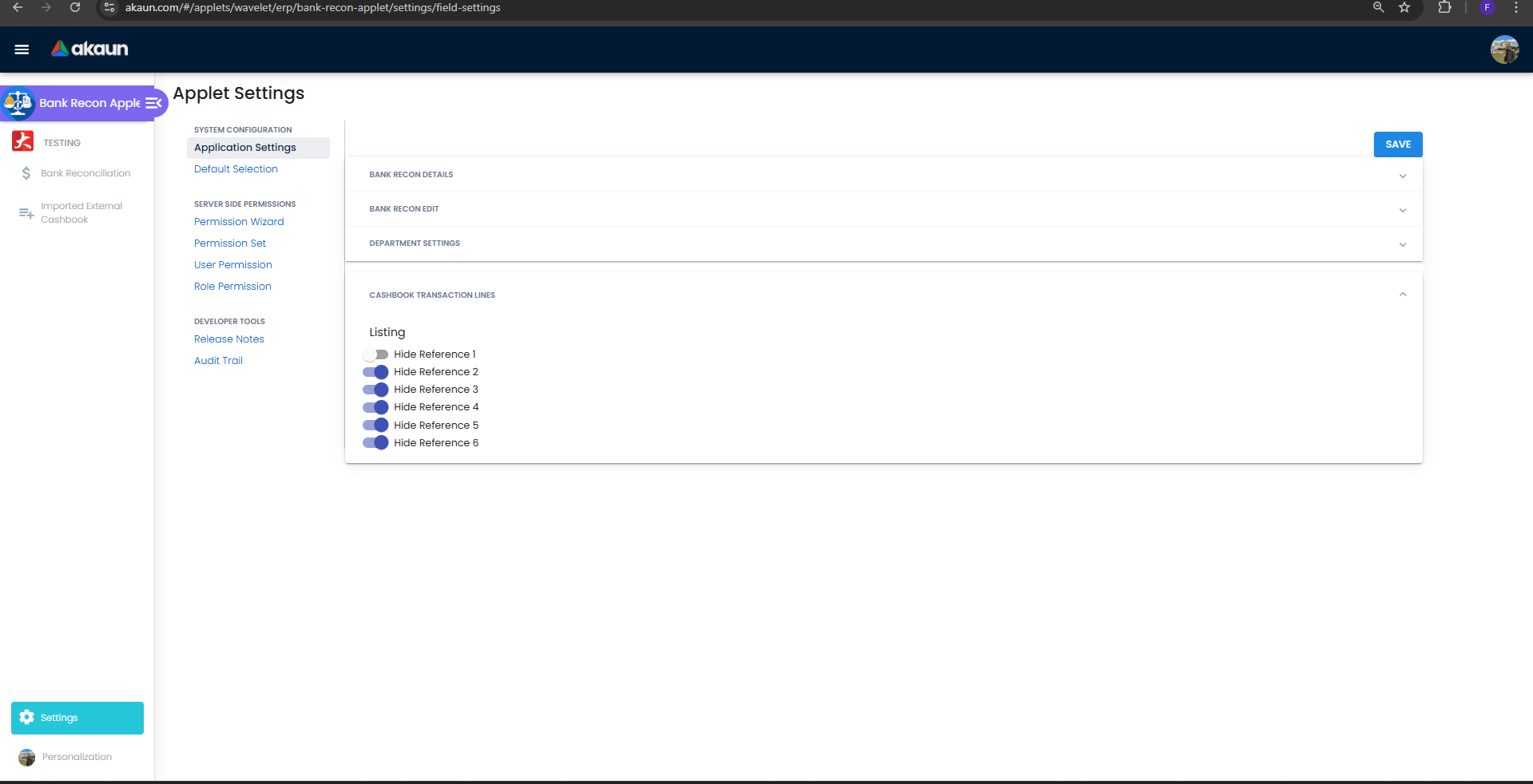 Application Settings with Cashbook Transaction Lines visibility toggles
