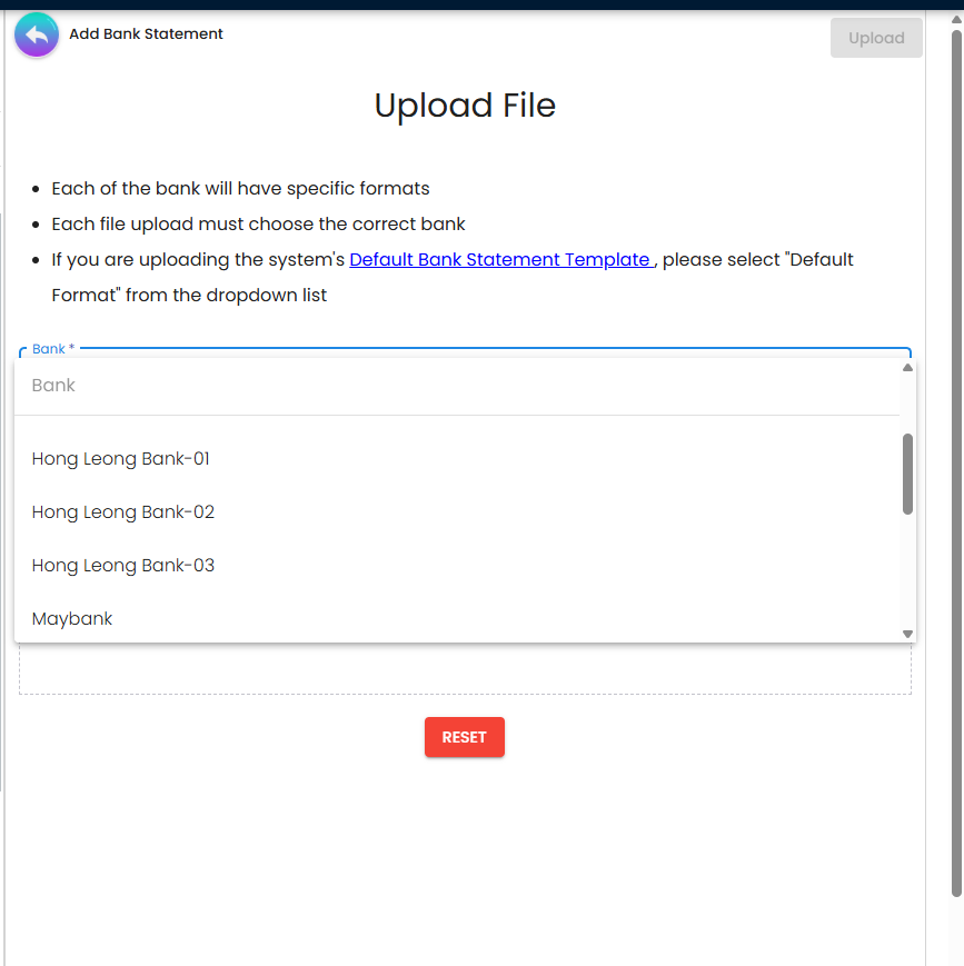Upload form with Bank format selection