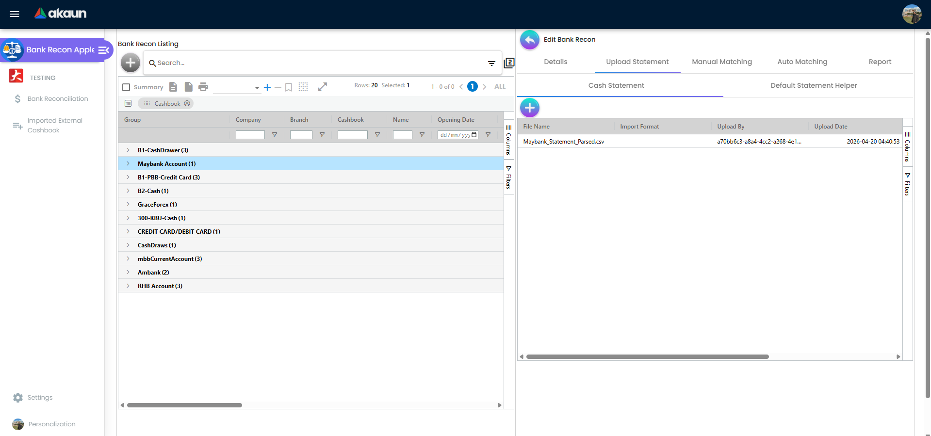 Cash statement tab under upload statement with imported file listing