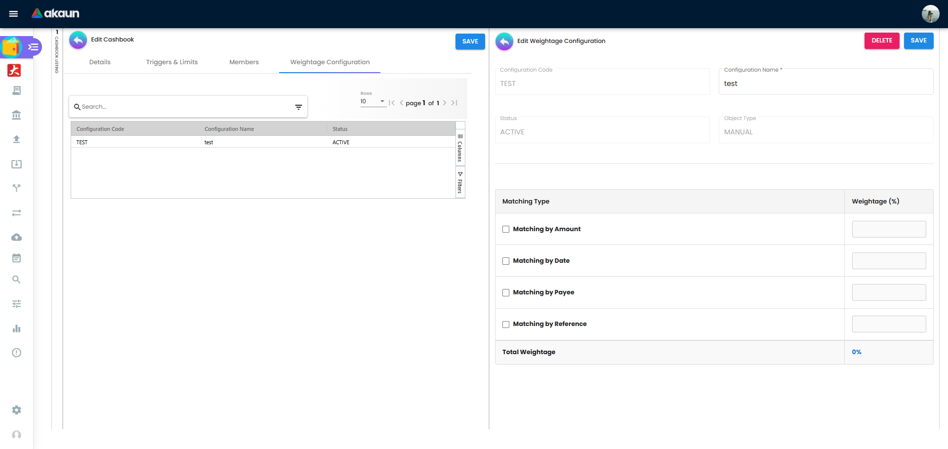 Cashbook setup page showing weightage and reconciliation related settings